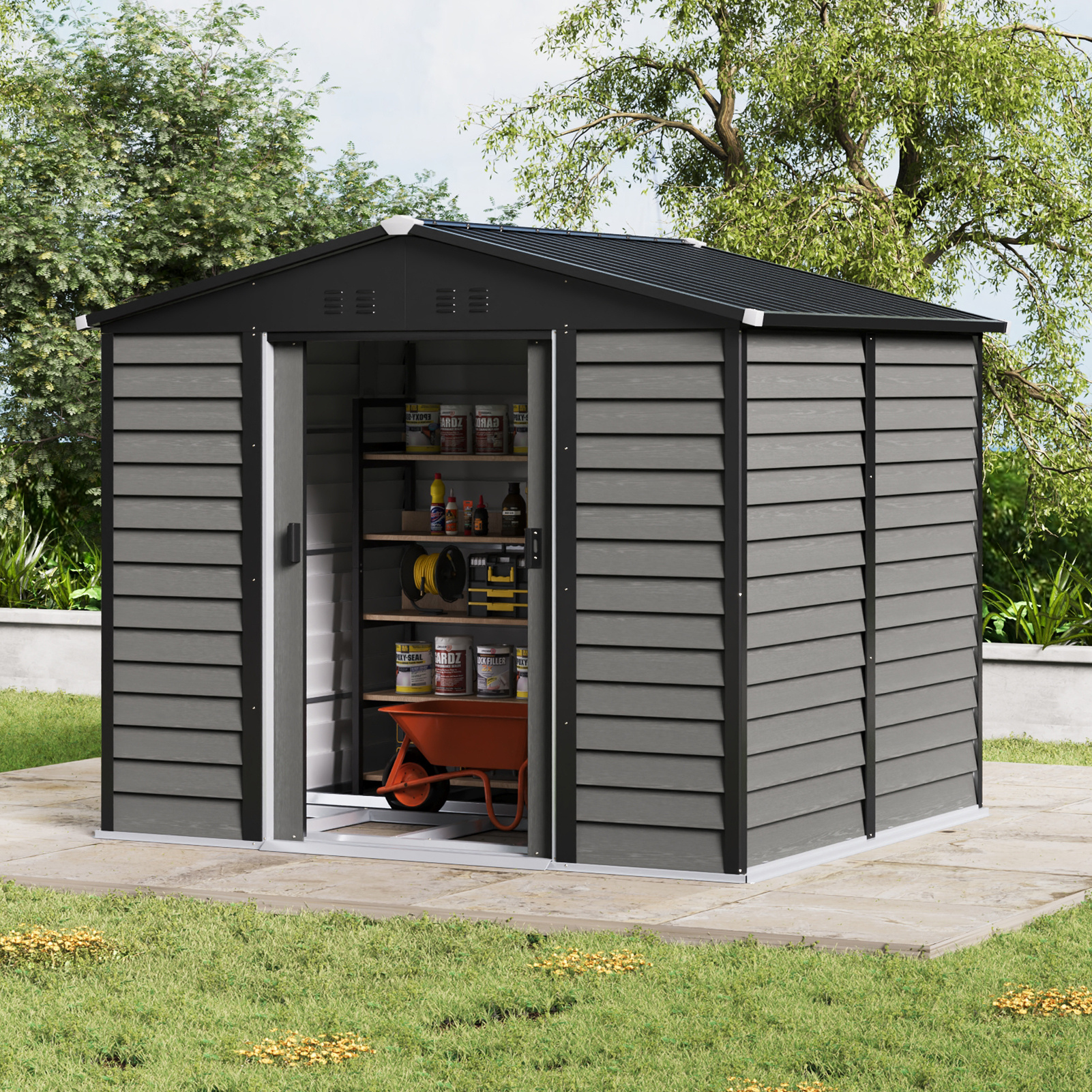 7 5x7ft wood grain dark grey garden shed tool storage outdoor warehouse galvanized metal shed with lockable door bike shed storage room pet rom garage room equipment room temporary removable outdoor warehouse with foundation