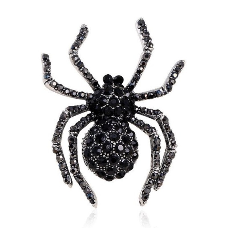 Image of Black Spider Brooch With Black Crystals, Black Color, Decorative Pin For Blazers, Coats, Scarves, Or Handbags, Elegant Styling Accessory, Decorative Wardrobe Accent, Stylish Look
