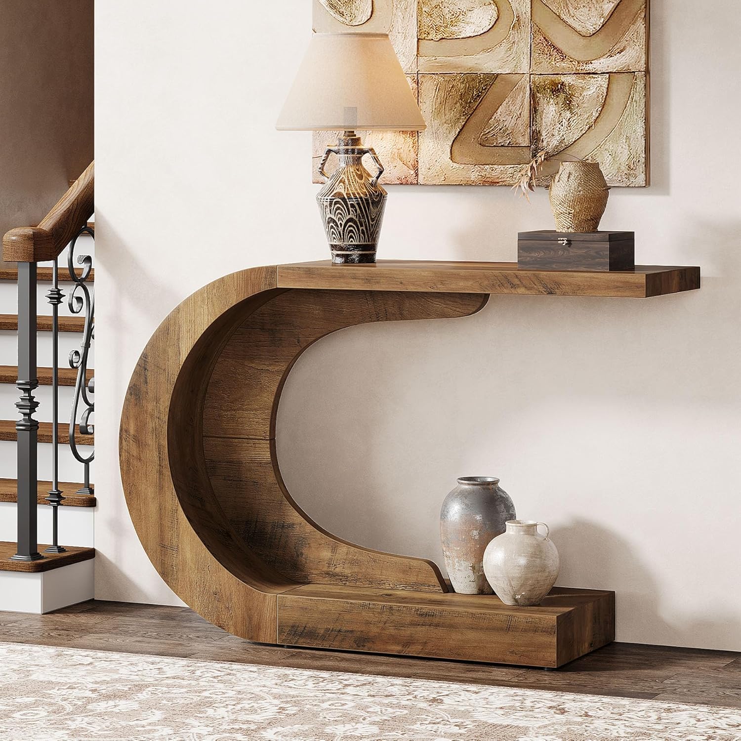 E-shop Bauernhaus-Konsolentisch, C-förmiger Sofatisch hinter der Couch für Wohnzimmer und Eingangsbereich, 110 x 35 x 75 cm, Holz-Seitentisch
