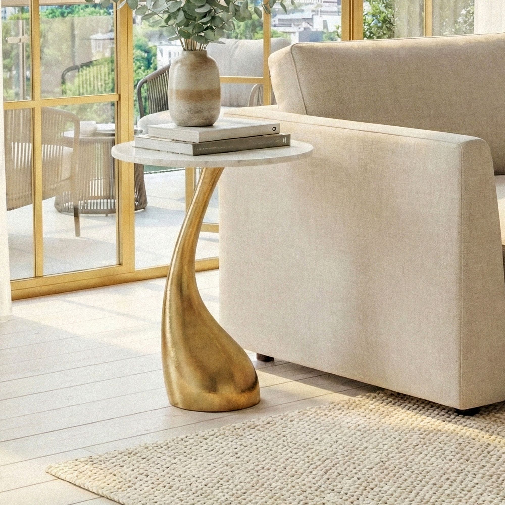 Side Table 45cm Golden With Tabletop - Small Round Coffee Table - Modern Aluminum Sofa Table - Living Room Table Aluminum - High Metal Table Handmade