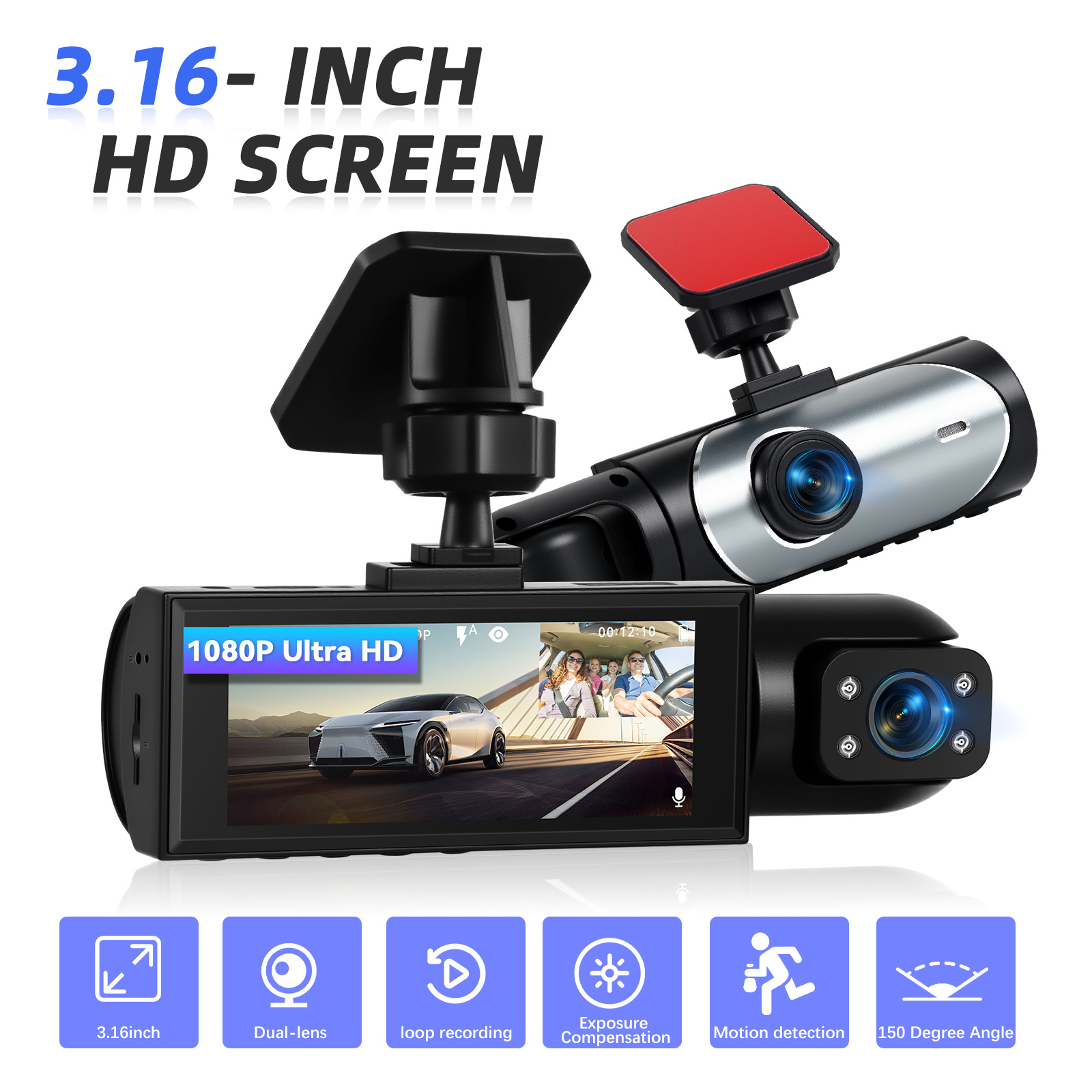 Dual Dash Cam With 1080p Camera - 3.16 Inch Dashcam With Loop Recording, Night Vision, Motion Detection + 64gb Tf Card