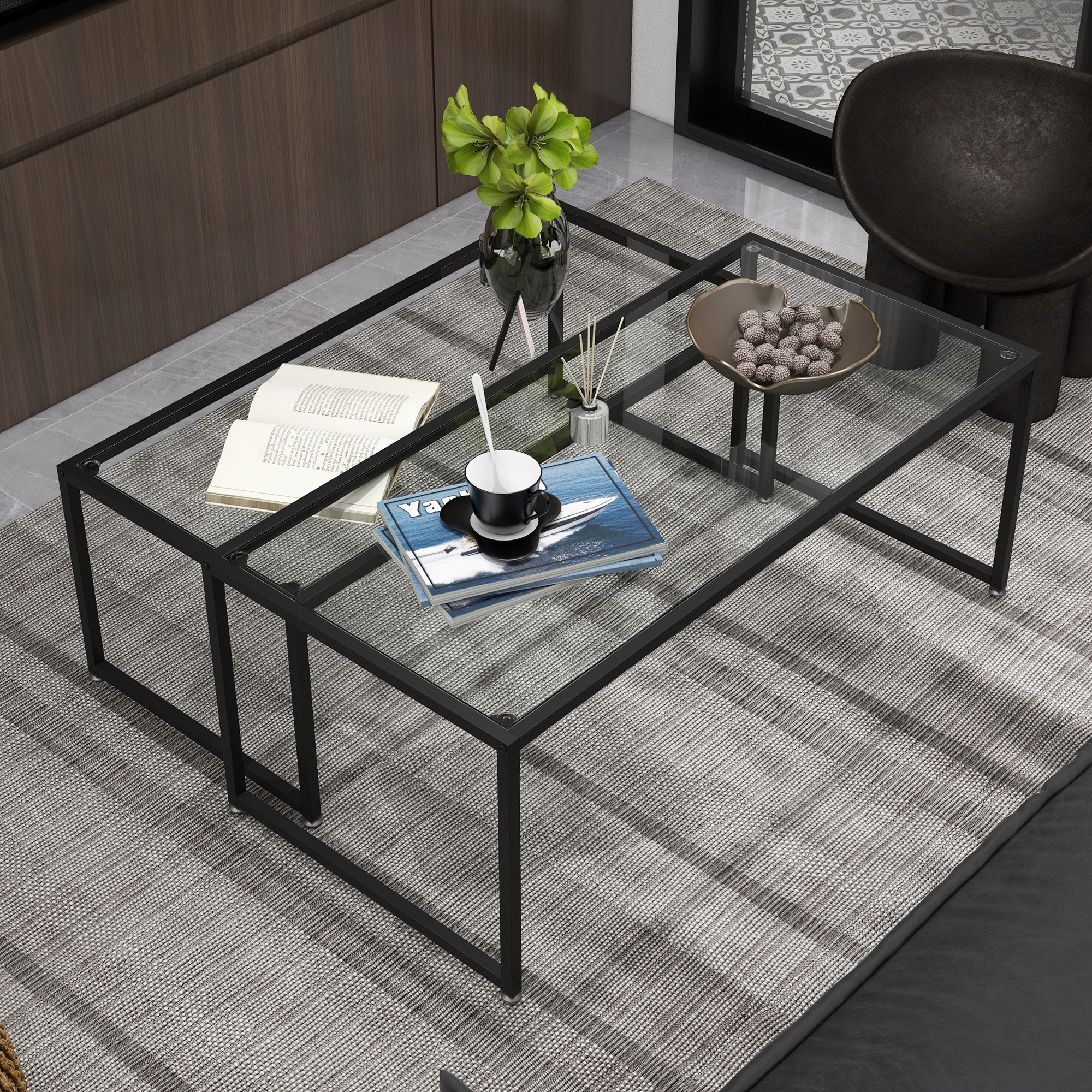 Coffee Table 2pcs Set, Side Table, Coffee Table With Glass Tabletop, Set Table, Living Room Table, Glass Table For Bedroom, Living Room Black