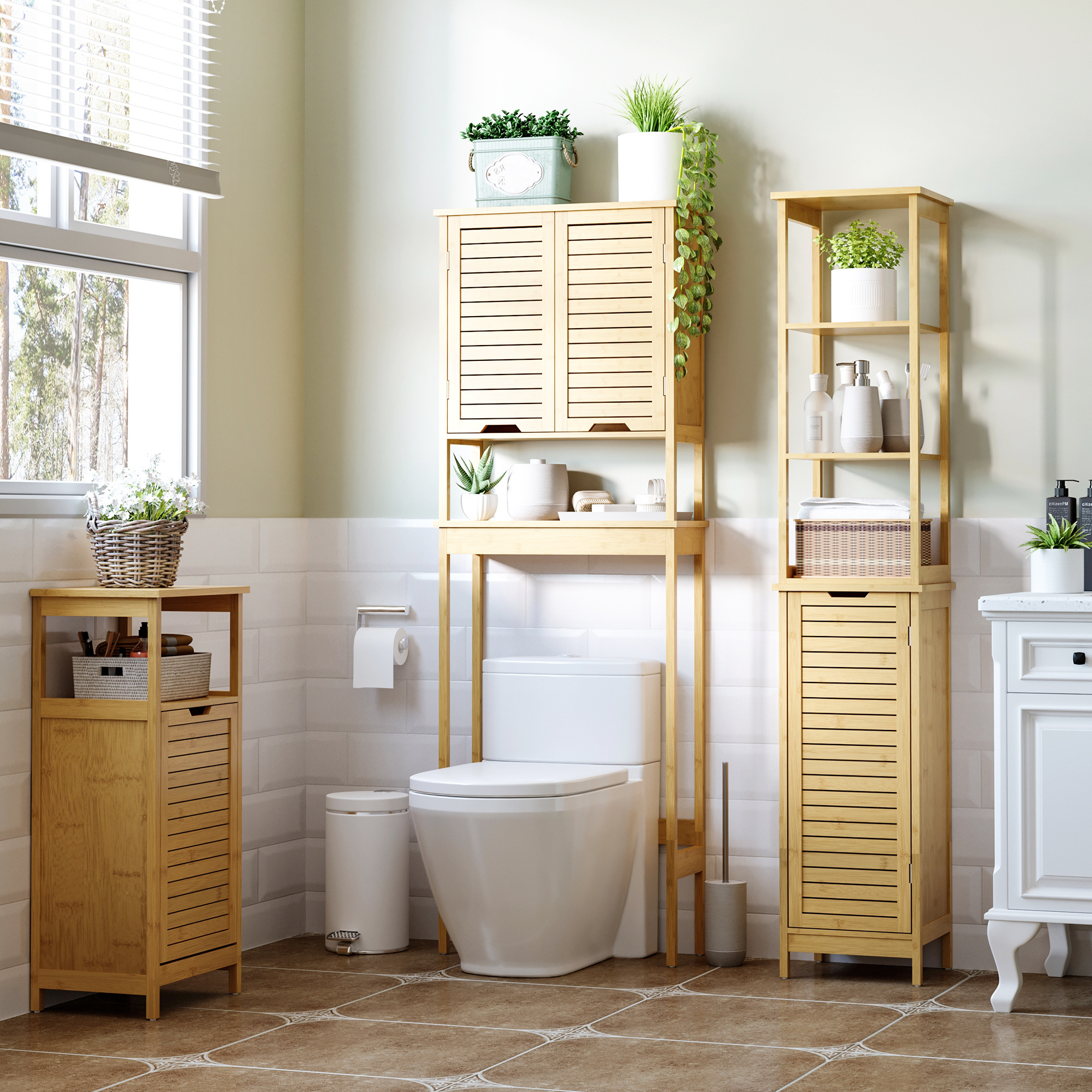 Bathroom Cabinet Tall Cabinet With 3 Open Compartments And 1 Door, Storage Cabinet For Bathroom, Living Room, 34 X 30 X 173 Cm, Natural