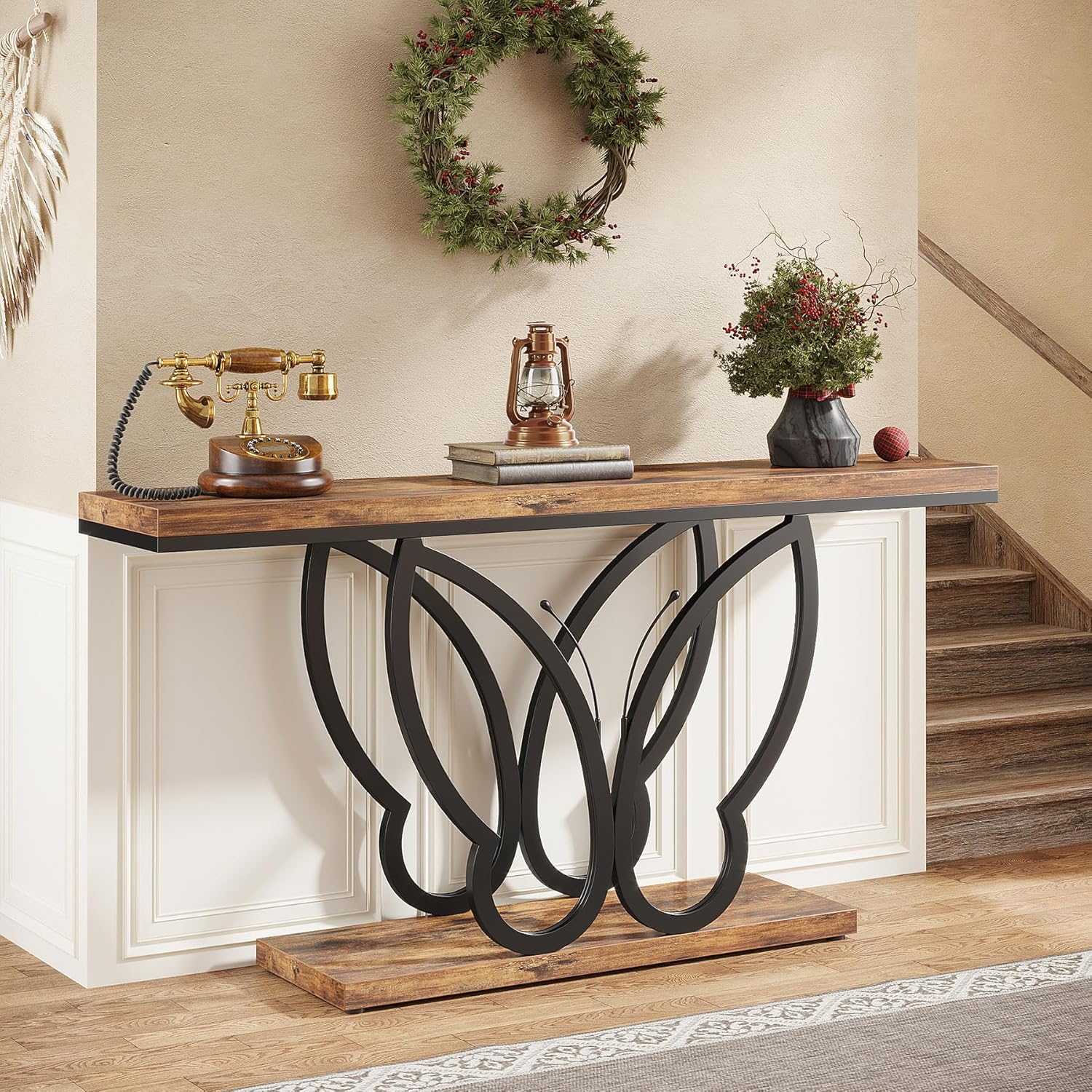 Image of Farmhouse Console Table, Vintage 140 Cm Entrance Table With Metal Frame, Long Narrow Wooden Sofa Table Behind Couch For Living Room, Hallway, Entrance