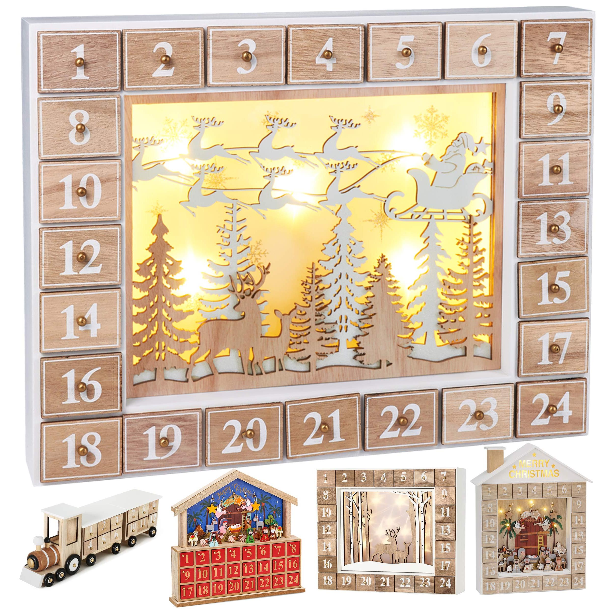 Image of Brubaker Wooden Advent Calendar To Fill - Claus With Led Lighting - Reusable Diy Christmas Calendar 35.5 X 6 X 27 Cm