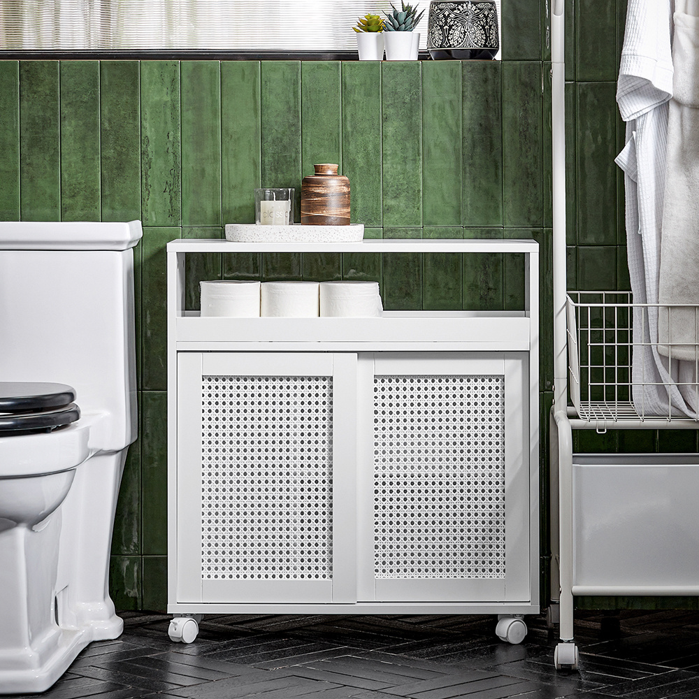 Image of Narrow Bathroom Cabinet With Wheels - Recessed Cabinet 20cm - Bathroom Cabinet For Storing Toilet Paper - Wooden Bathroom Furniture With Height-adjustable Shelves, White, 20x70x65cm, Bzr119-w