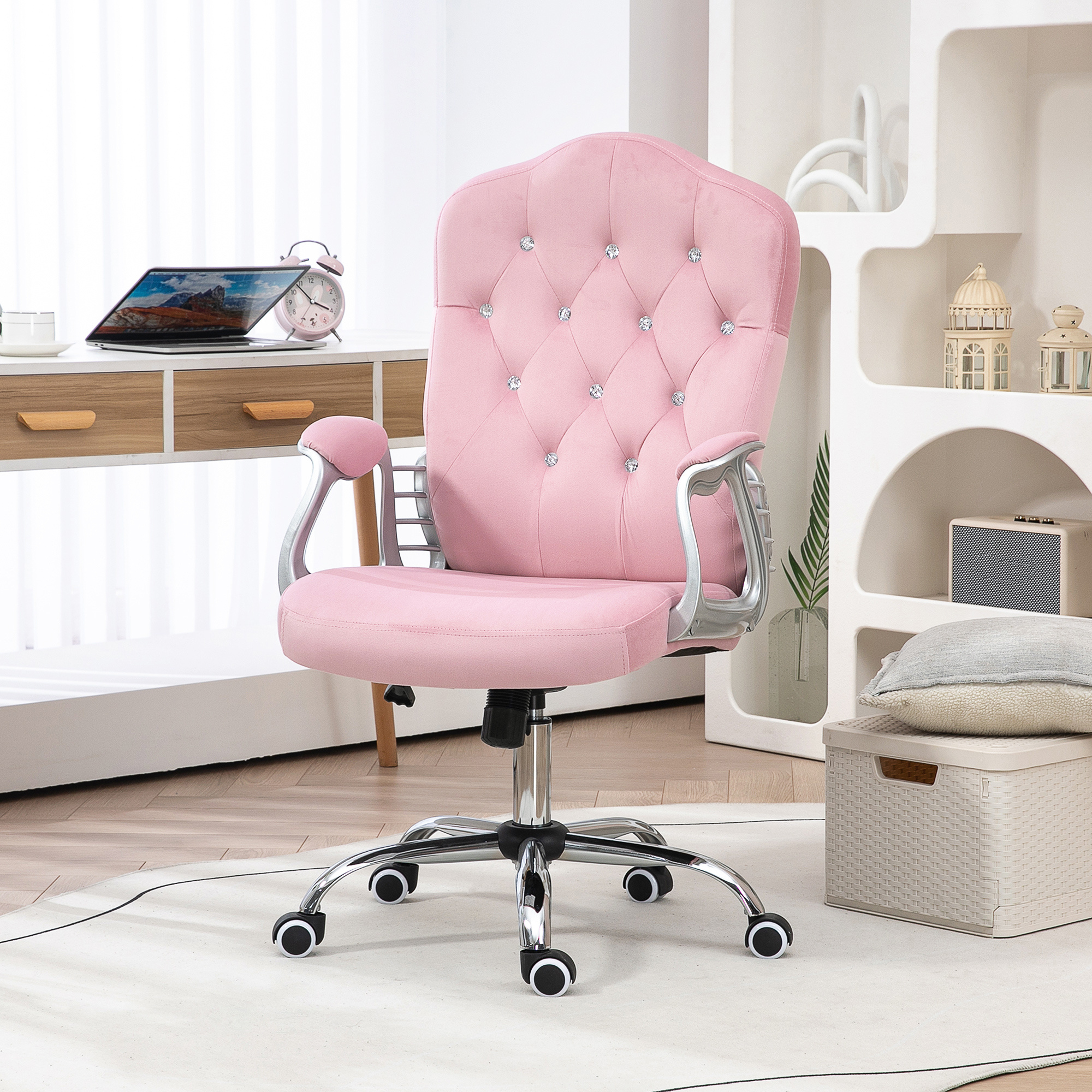 Office Chair, Ergonomic Desk Chair With Tilt Function, Swivel Function, Height-adjustable Computer Chair With Sparkling Crystal Buttons, Velvet Optics, For Home Office, Pink