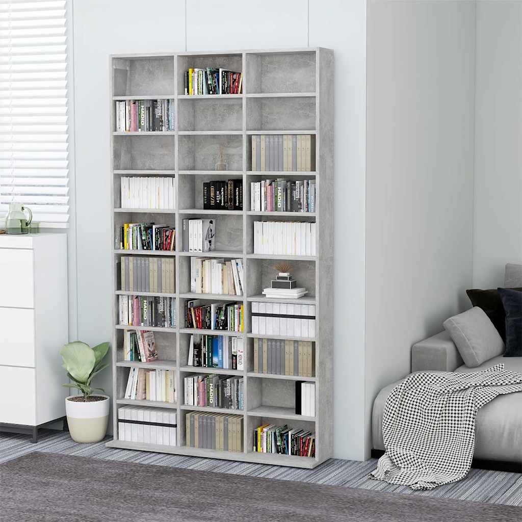 Image of Cd Shelf Bookshelf Cd Dvd Storage Media Shelf Stand Shelf Bookcase Concrete Grey 102x23x177.5cm Wood Material