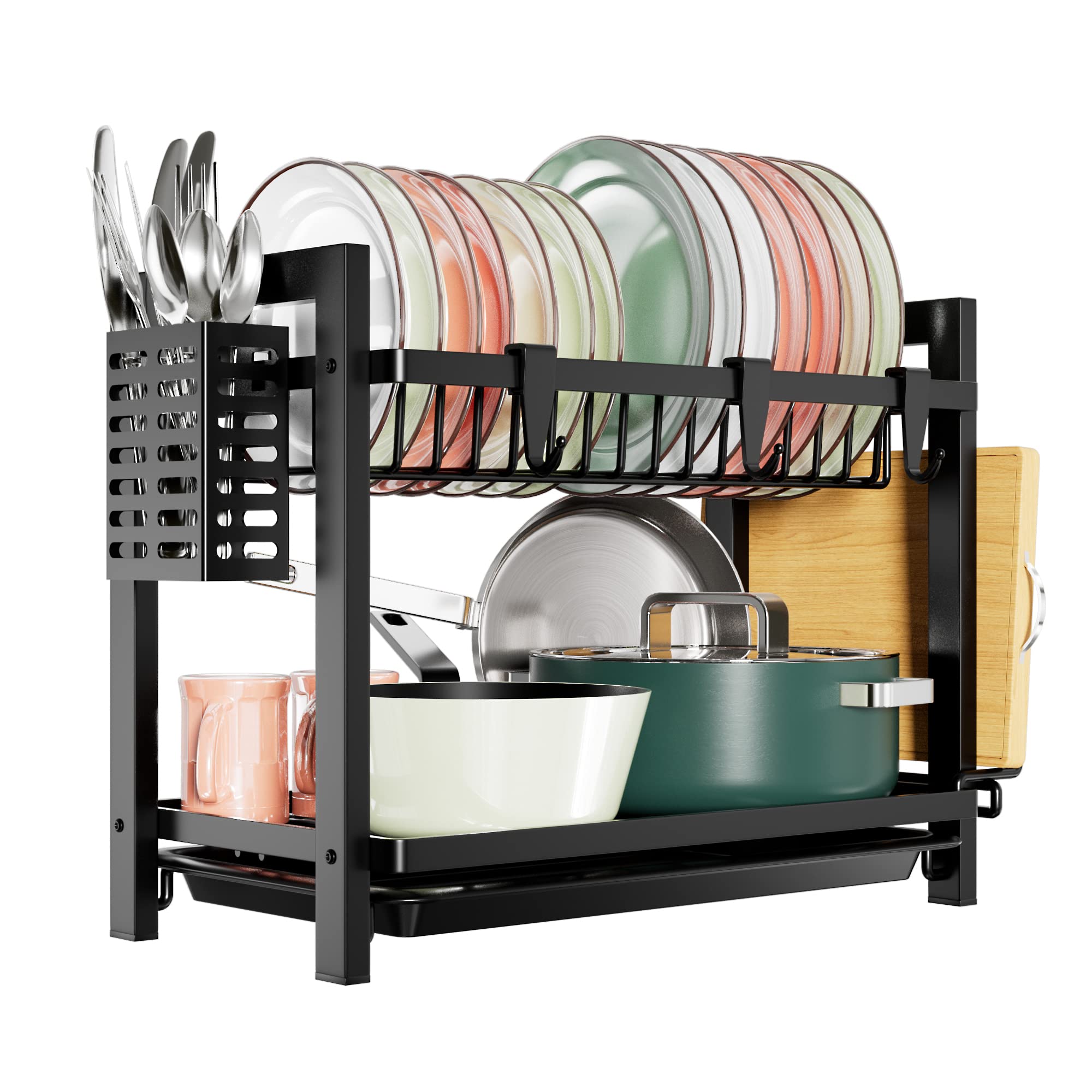 TEMU 2-tier Black Metal Dish Drainer - With Drip Tray & Utensil Holder, Large Capacity Dish Drying Rack - Space-saving For Kitchen Countertop & Large