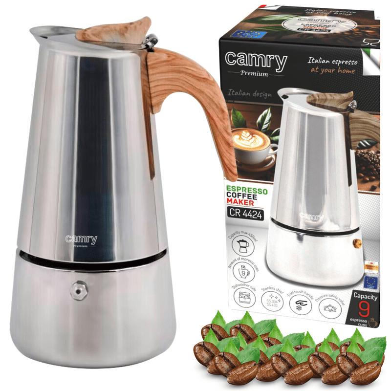 Image of Steel Coffee Maker 450ml For Induction And Gas: Italian Espresso For 9 People! High-quality 304 Stainless Steel, Dishwasher Safe, And Insulated Handle – Perfect For Home, Office, And Camping!