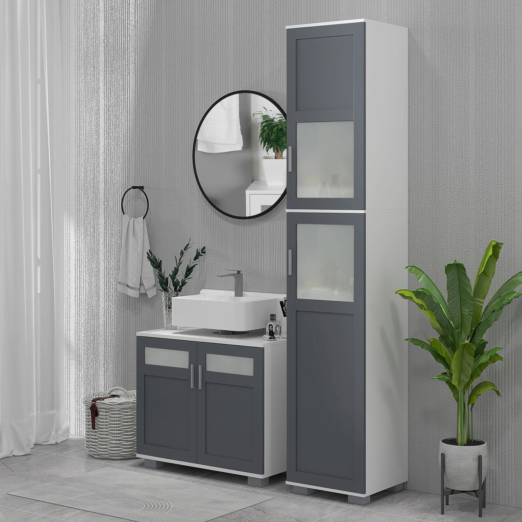 Kleankin Tall Bathroom Cabinet With 2 Tempered Glass Doors And Adjustable Shelves, 37x35x190 Cm, White And Gray