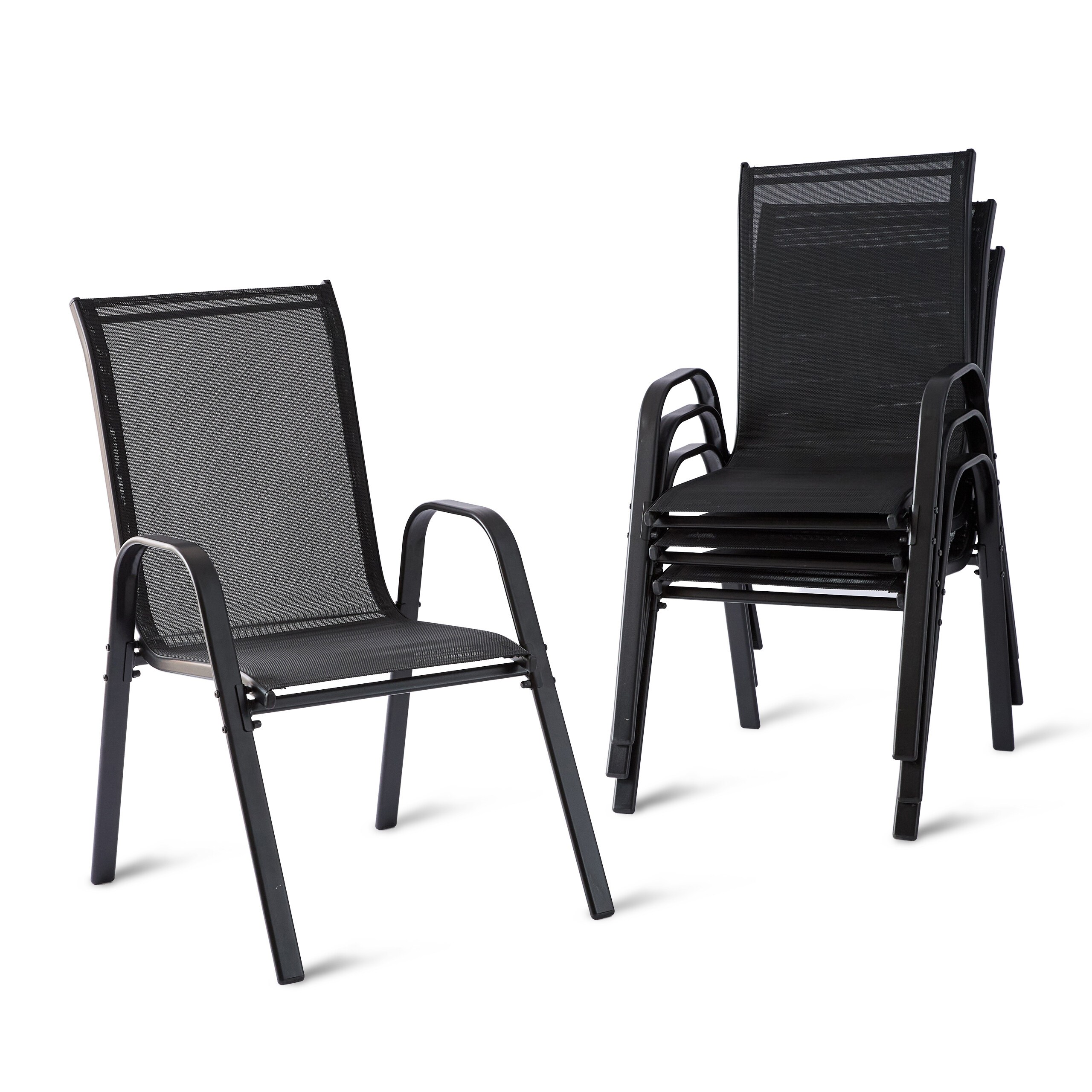 TEMU Sillas de jardín con respaldo alto, set de 4, con reposabrazos, apilables, 90 x 56 cm, tejido de poliéster con revestimiento de PVC, metal y