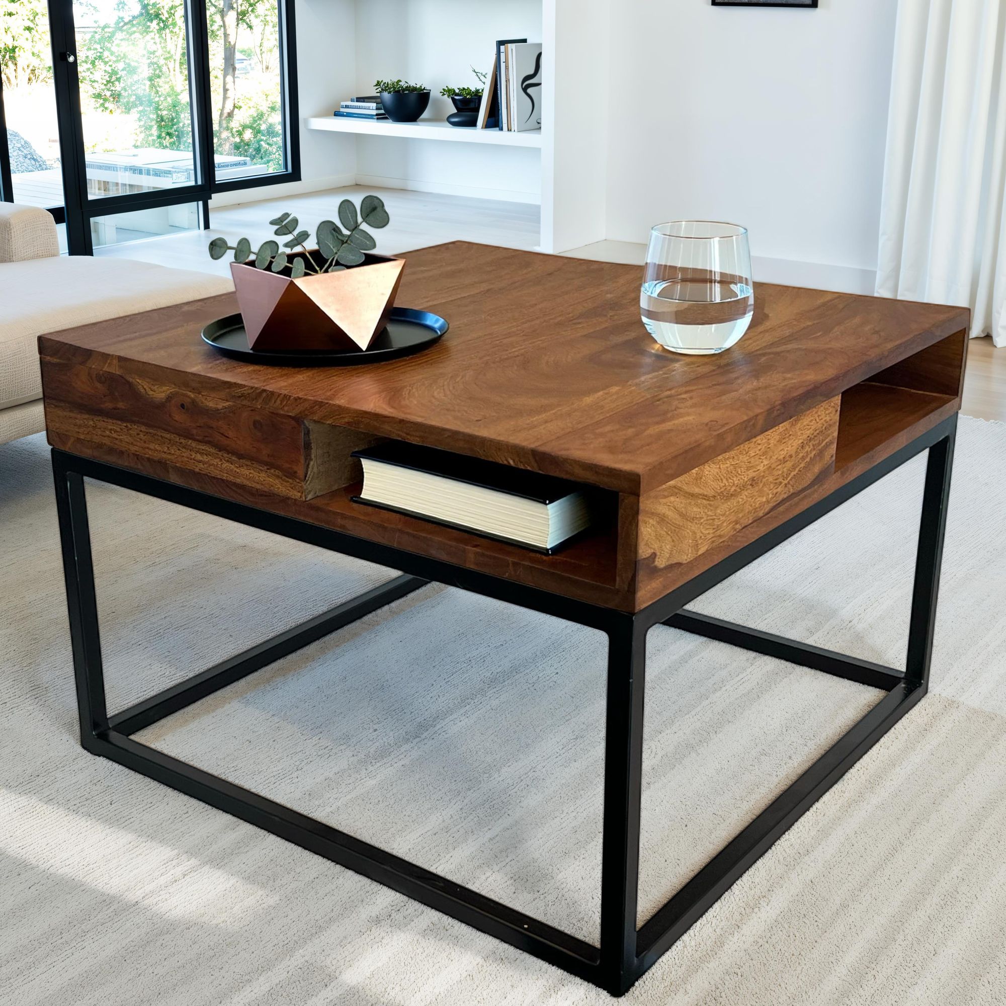 Coffee Table 60x60x40 Cm Solid Wood / Metal Corner Sofa Table With Storage, Massive Coffee Table, Small Side Table Living Room