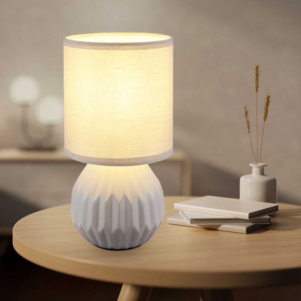 Grey Ceramic Table Lamp, Nightstand Lamp, Table Light, Side Lamp, Living Room Lamp, Textile, 1x E14, Dxh 12 Cm