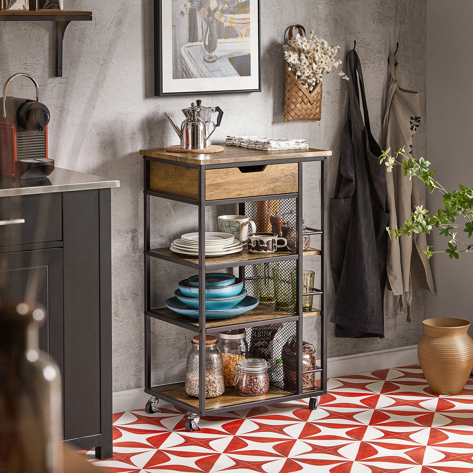 Chariot de Service avec 6 Étagères et 1 Tiroir, Table d'Appoint, Chariot, Chariot à Thé, Chariot de Bar, Chariot de Cuisine, Chariot de Cuisine, Étagère de Cuisine avec Roulettes BHT Approx.: 50X87X37Cm FKW99-N