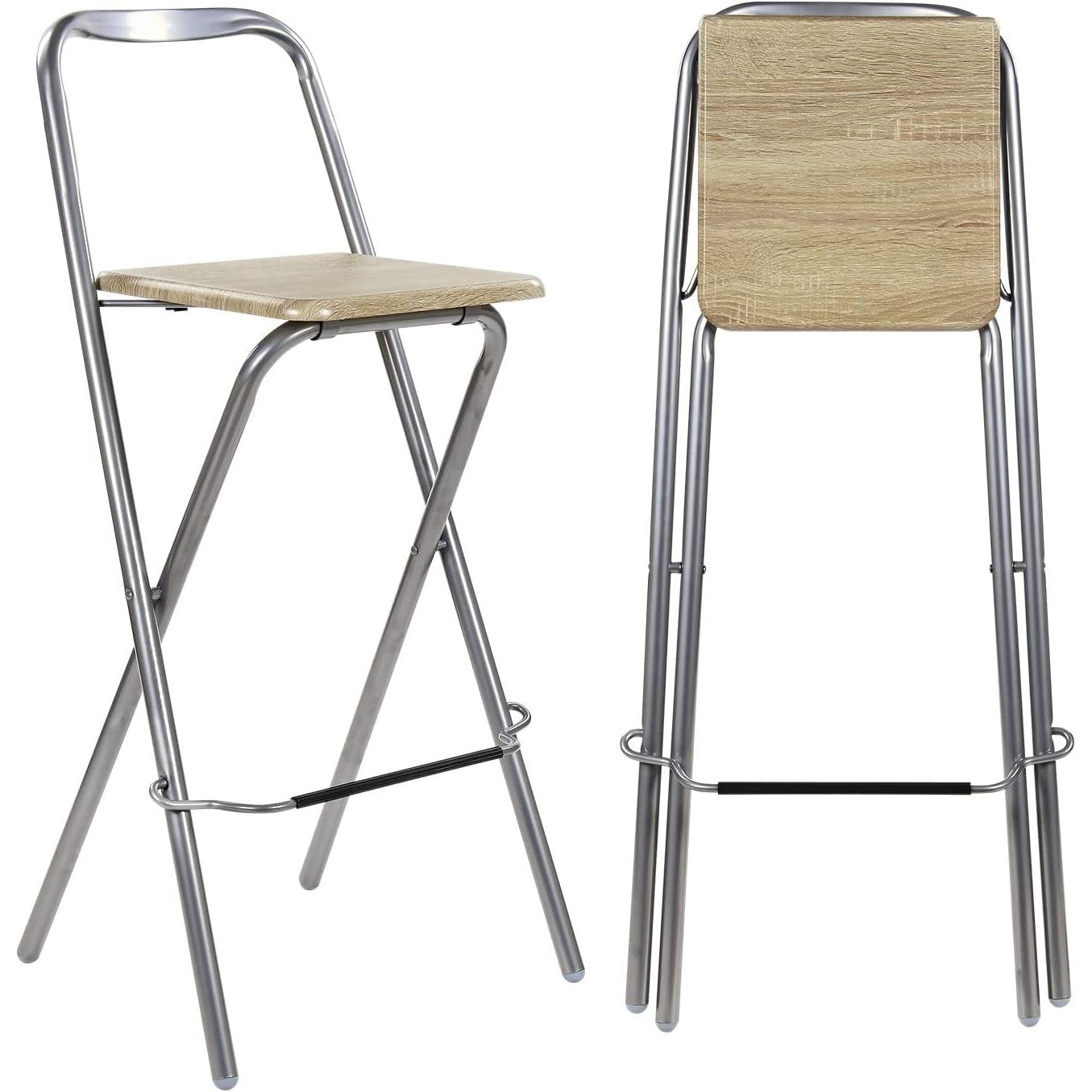 TEMU Natural Wood-style Folding Bar Chair With – Compact Breakfast Stool With Footrest | Portable Seating For Kitchen, Restaurant Or Home Use