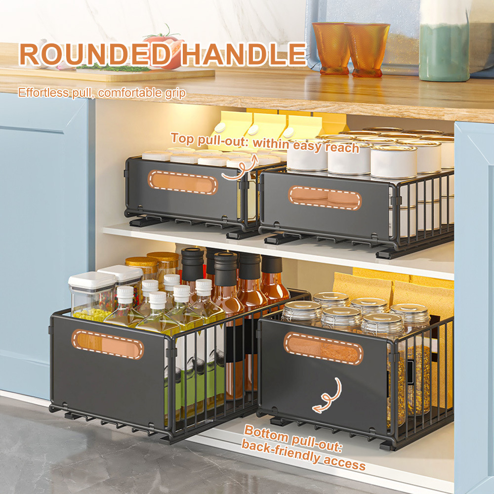 2-pack Pull Out Cabinet Organizer – Heavy Duty Sliding Drawer Storage For Kitchen Cupboards, Sturdy Steel Mesh Baskets With -out Design, Fits Cabinets & Shelves – Black