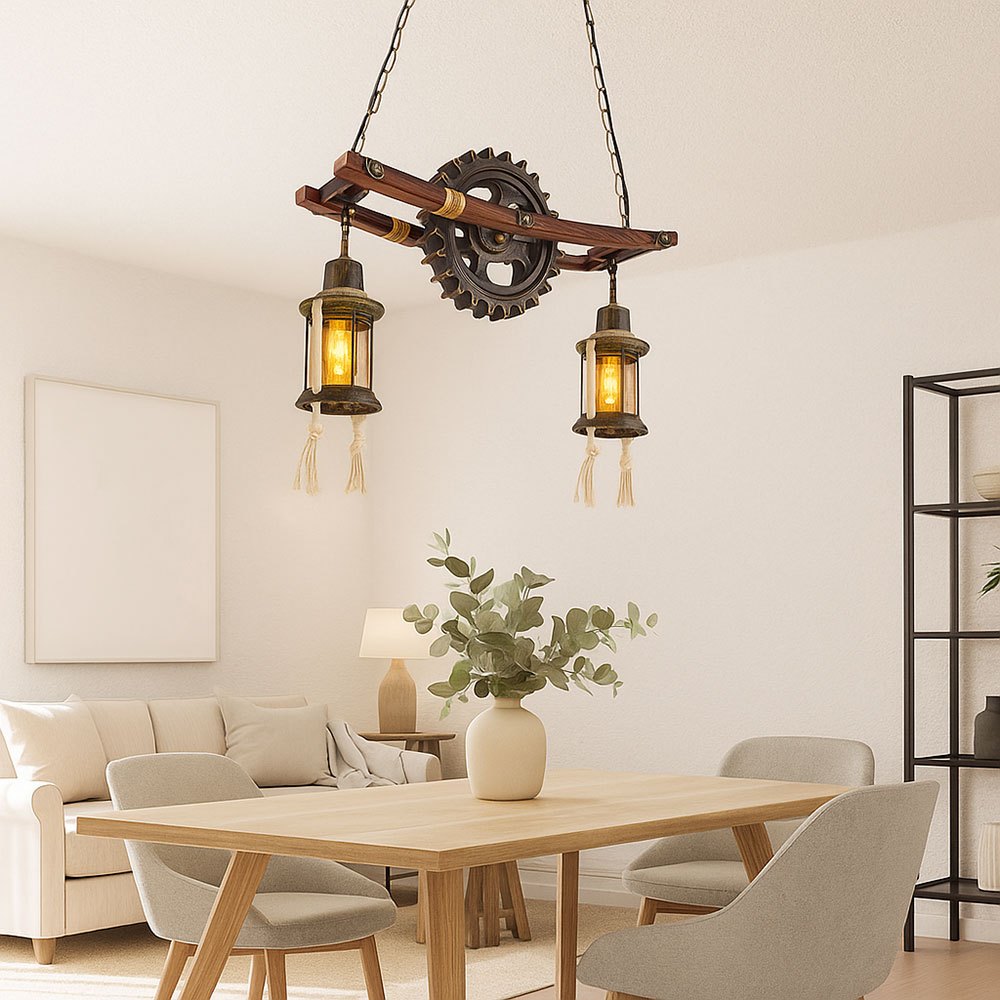 Image of Steampunk Pendant Lamp, Vintage Industrial Hanging Light, Wood And Metal, Lantern Gear, Glass, Brass, 2x E27, Lxwxh 62x20x110 Cm