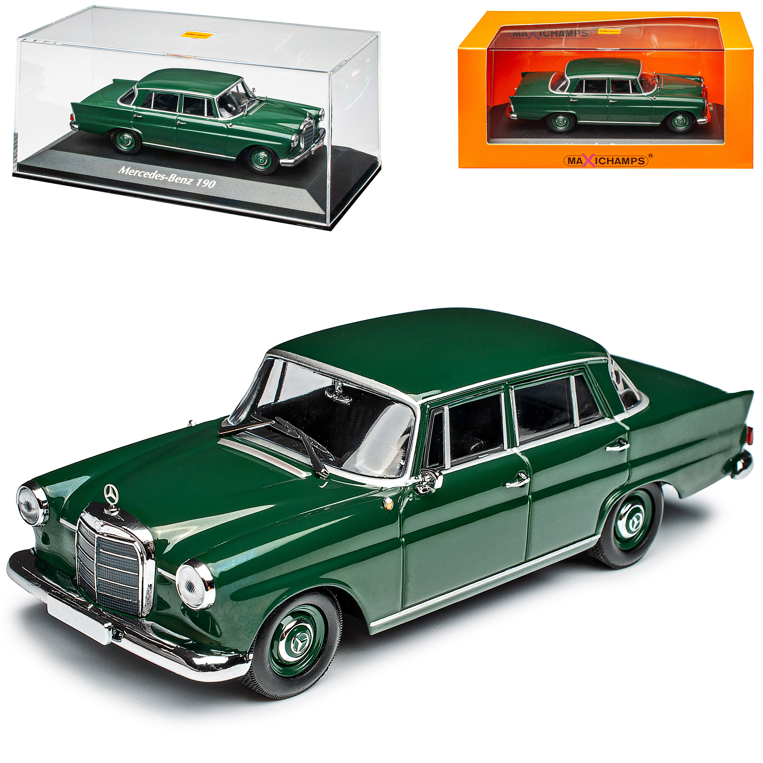 Image of Mercedes-benz 190 W110 Limousine Green Heckflosse 1961-1968 1/43 Maxichamps Model Car