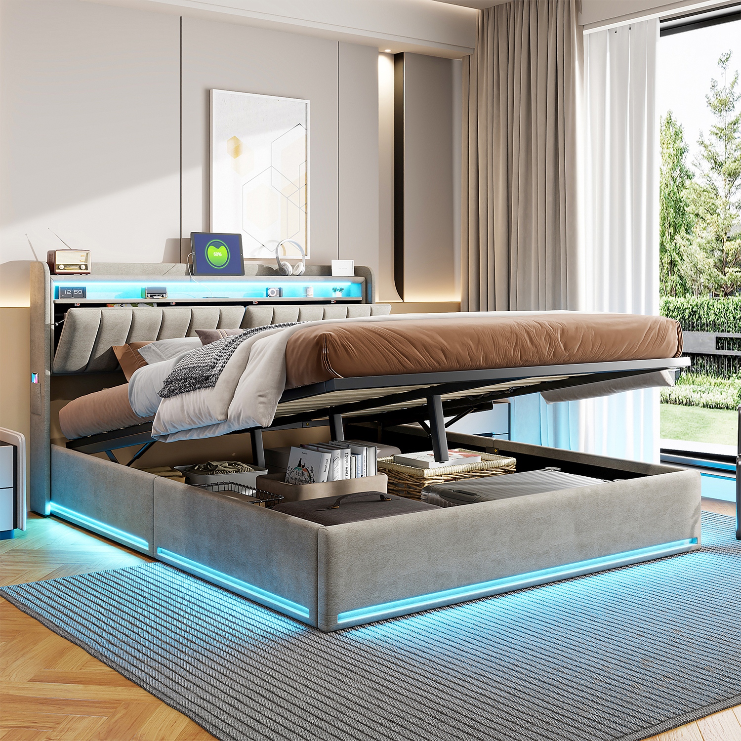 Image of Christmas Gift : 160*200cm Led Light Bed With Usb Port, Slatted Bed Frame; 160*200cm Led Light Bed; Upholstered Bed With Storage; Velvet Slatted Double Bed; Mattress Not Included (grey-a, 160*200cm)
