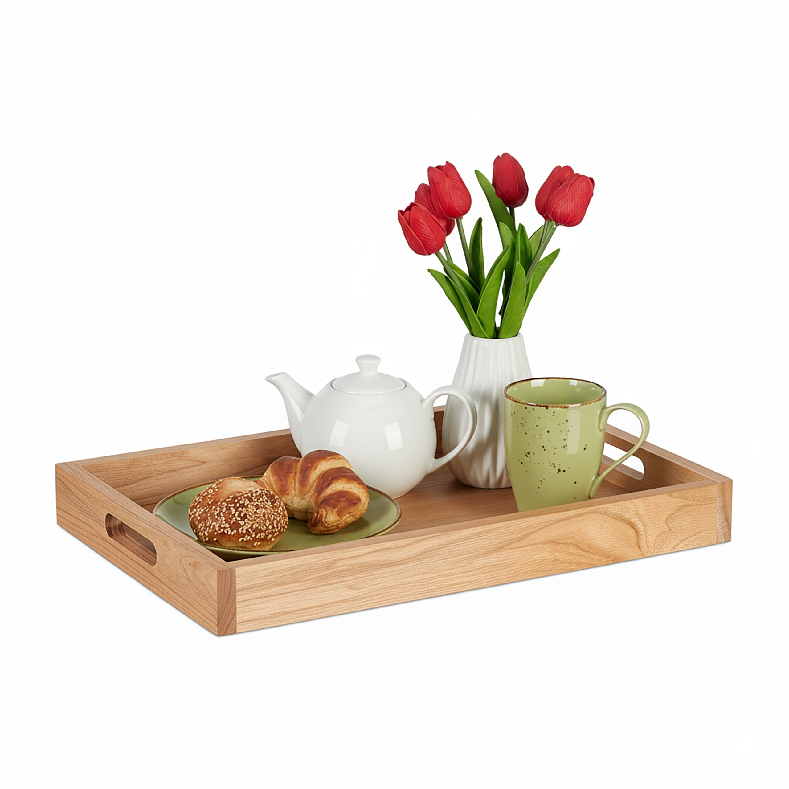 TEMU Wooden Serving Tray, 55 X 35 X 5 Cm, Walnut Wood And, 2 Handles, High Rim, Natural, For Breakfast In Bed, Dinner Parties And Tv Evenings,
