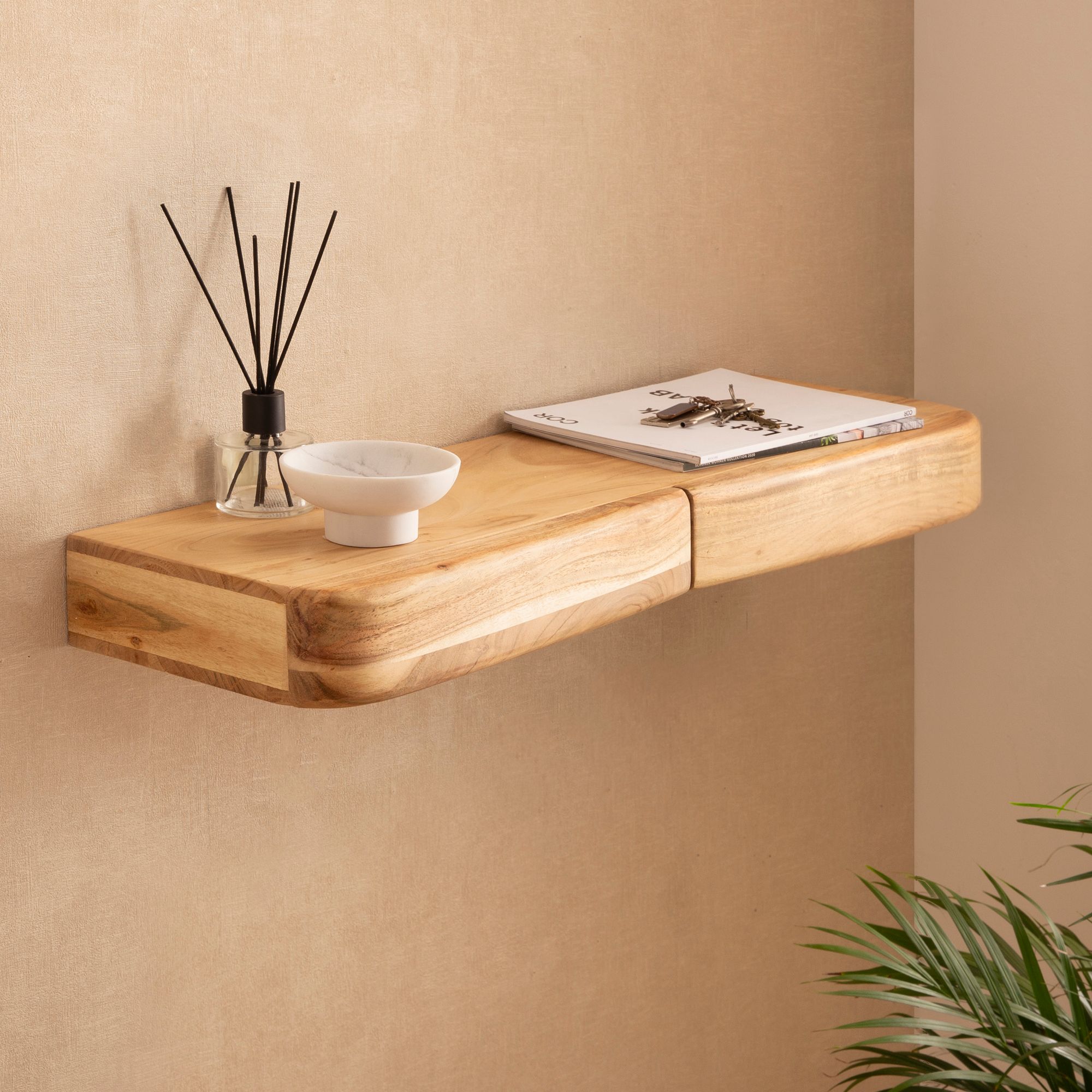 Acacia Solid Wood Wall Shelf 80cm With 2 Drawers - Design Wall Shelf - Wood Wall Board With Storage Space - Floating Hanging Shelf Made Of