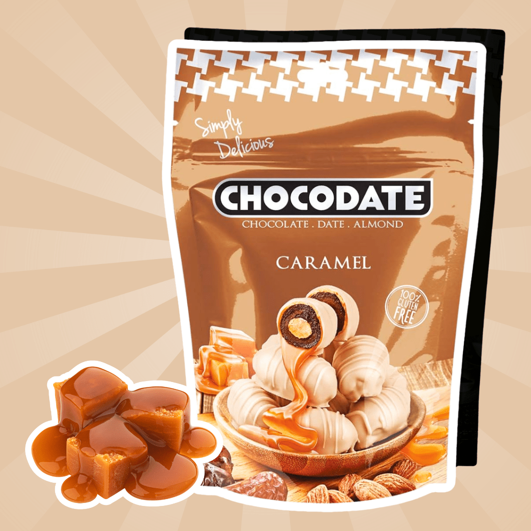 E-shop Chocodate Caramel Flavor – Datteln mit Caramel, Milch- & Weißschokolade & Mandeln (90 g)