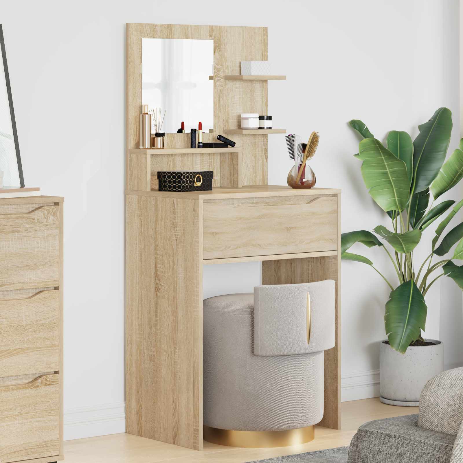 Image of Bedroom Vanity With Storage Drawers, Modern Furniture, Space- Storage, Bedroom Storage Furniture, Modern Decor, Slim Vanity, Functional Bedroom Furniture, Space- Design, Indoor Storage Solution