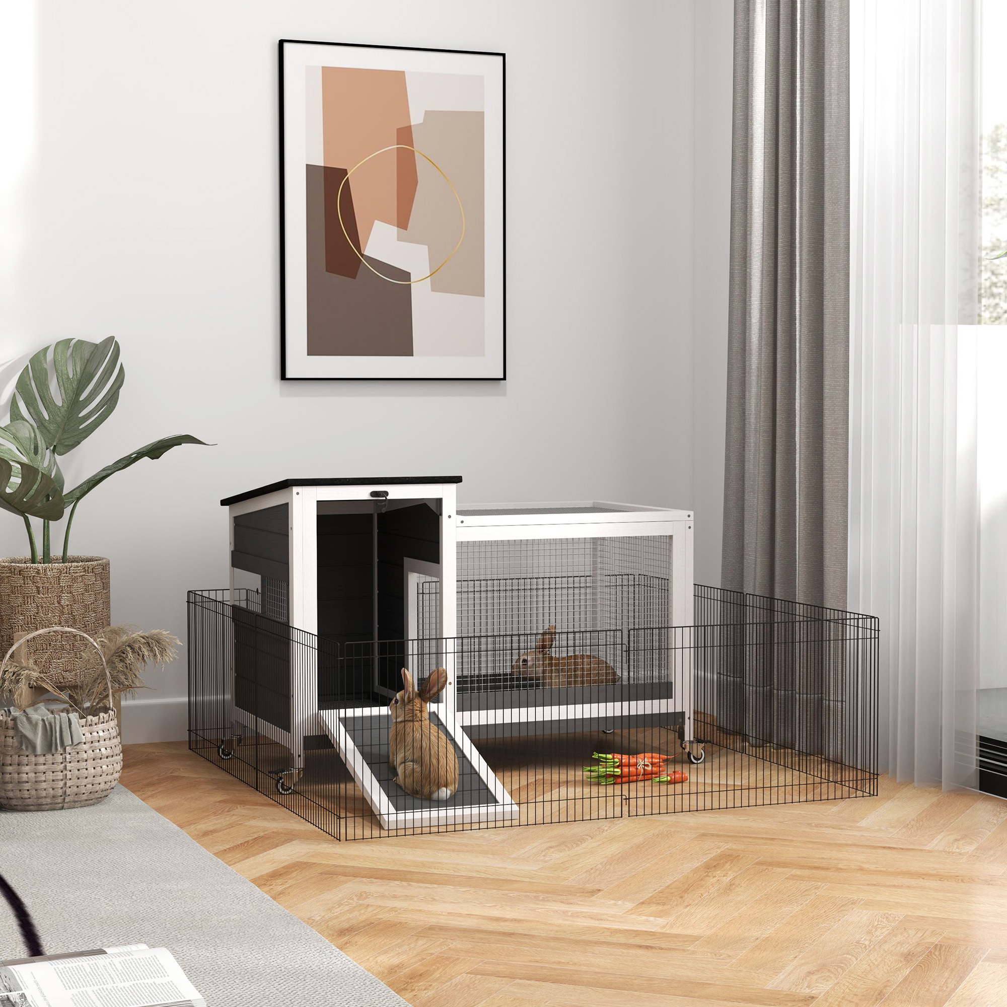 Wooden Rabbit Hutch with Free-Range Wheels, Foldable Roof, Extendable Tray, Metal Grid, Winter-Proof Guinea Pig Cage for Indoor/Outdoor Use, 92x52x67 cm, Dark Gray