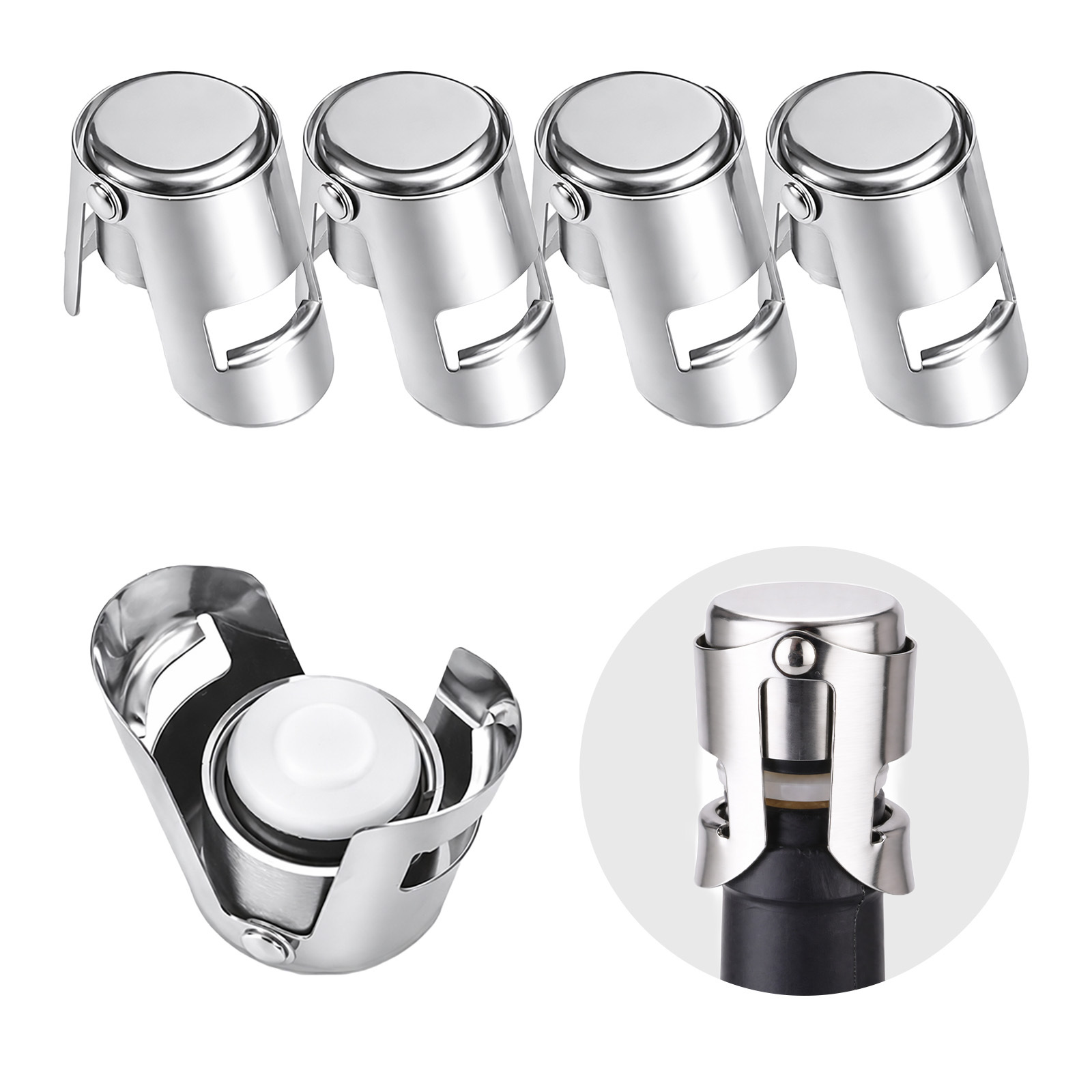TEMU 4 Champagne Stoppers, Stainless Steel Vacuum Sealed Wine Bottle Stopper With Leak-proof Silicone Seal, Reusable Sparkling Wine Saver For