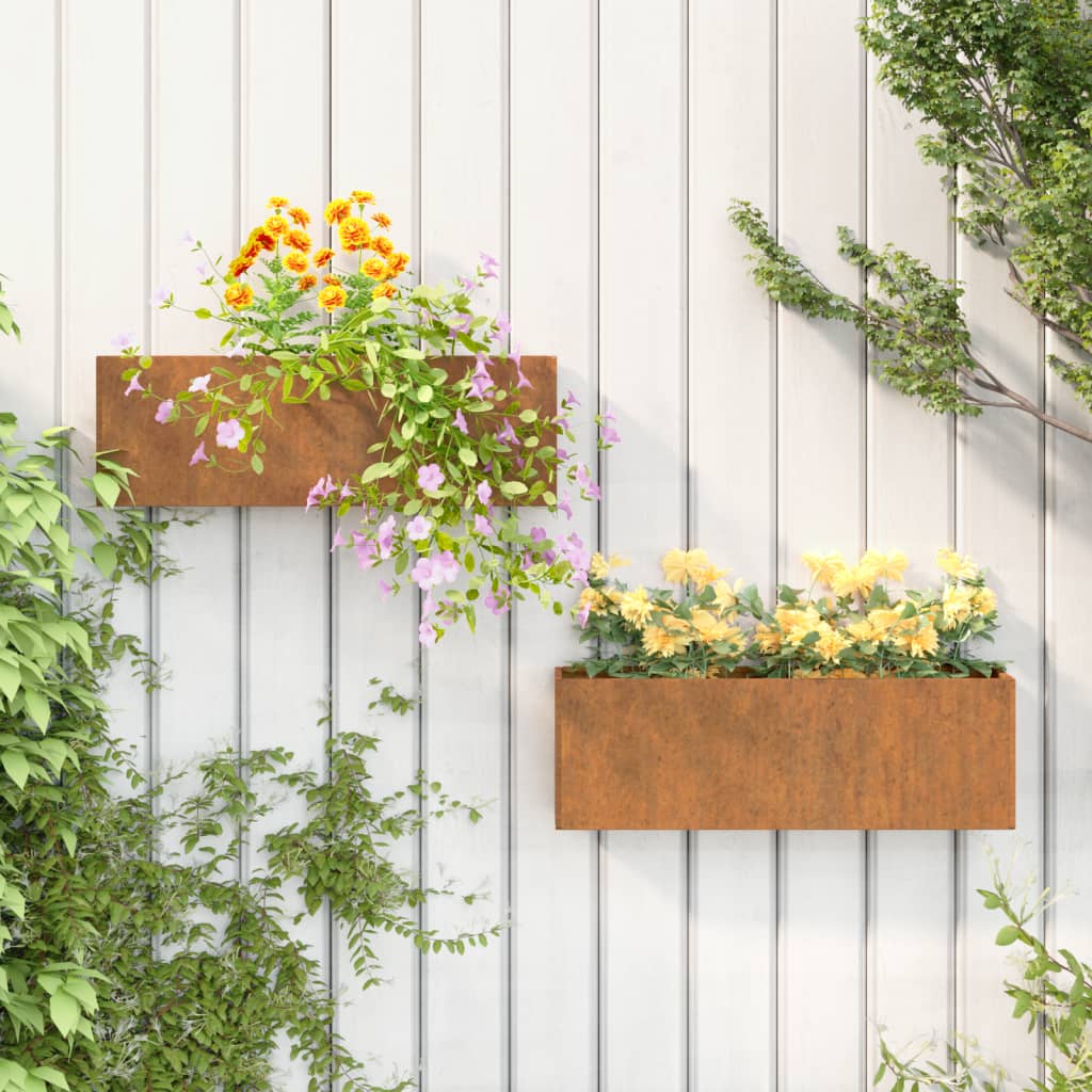 Image of Vidaxl Wall Planter 2 Pcs, Hanging Planter, Planter Box, Flower Box For Garden Balcony Terrace, Wall Vessel, Grey Corten Steel