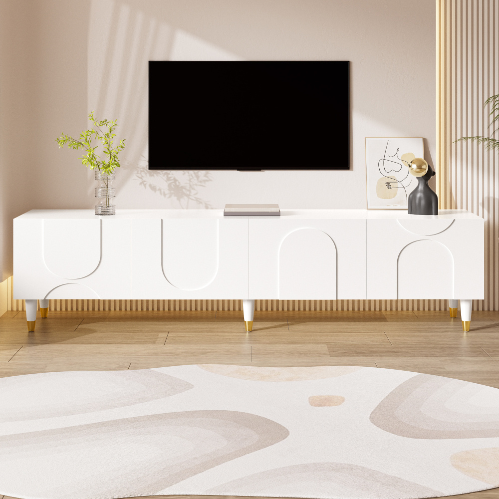 Image of Tv Cabinet Lowboard With Asymmetrical Arch Relief, 4 Doors, Multi-storage Space, Solid Wood Legs, Living Room