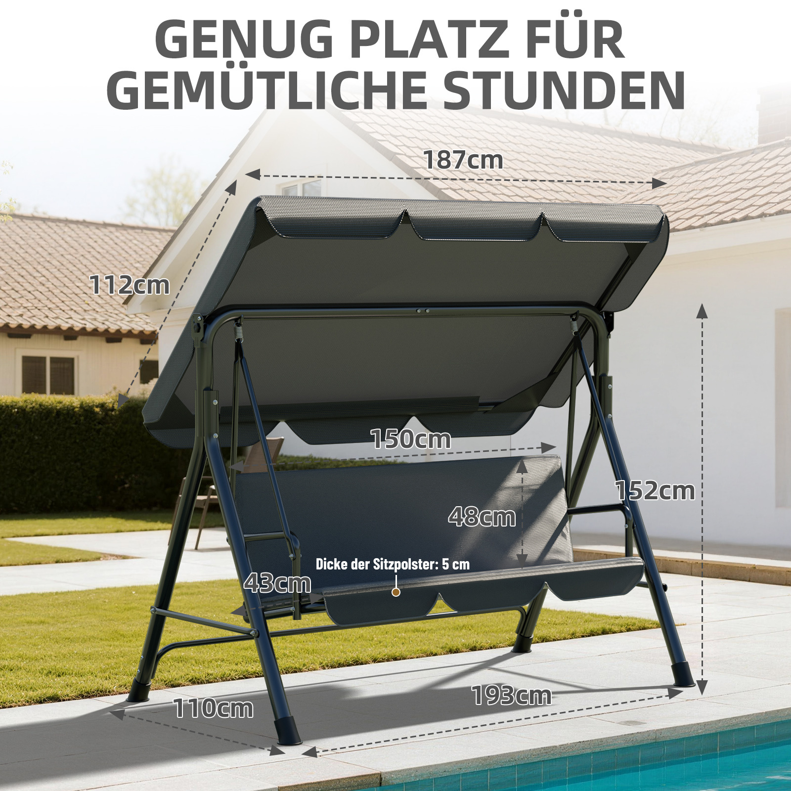 Image of Lingsen 193x110x152cm 3-seater Garden Swing With Adjustable Roof Canopy, Swing Bench, Hanging Swing, Up To 200 Kg Weight Capacity