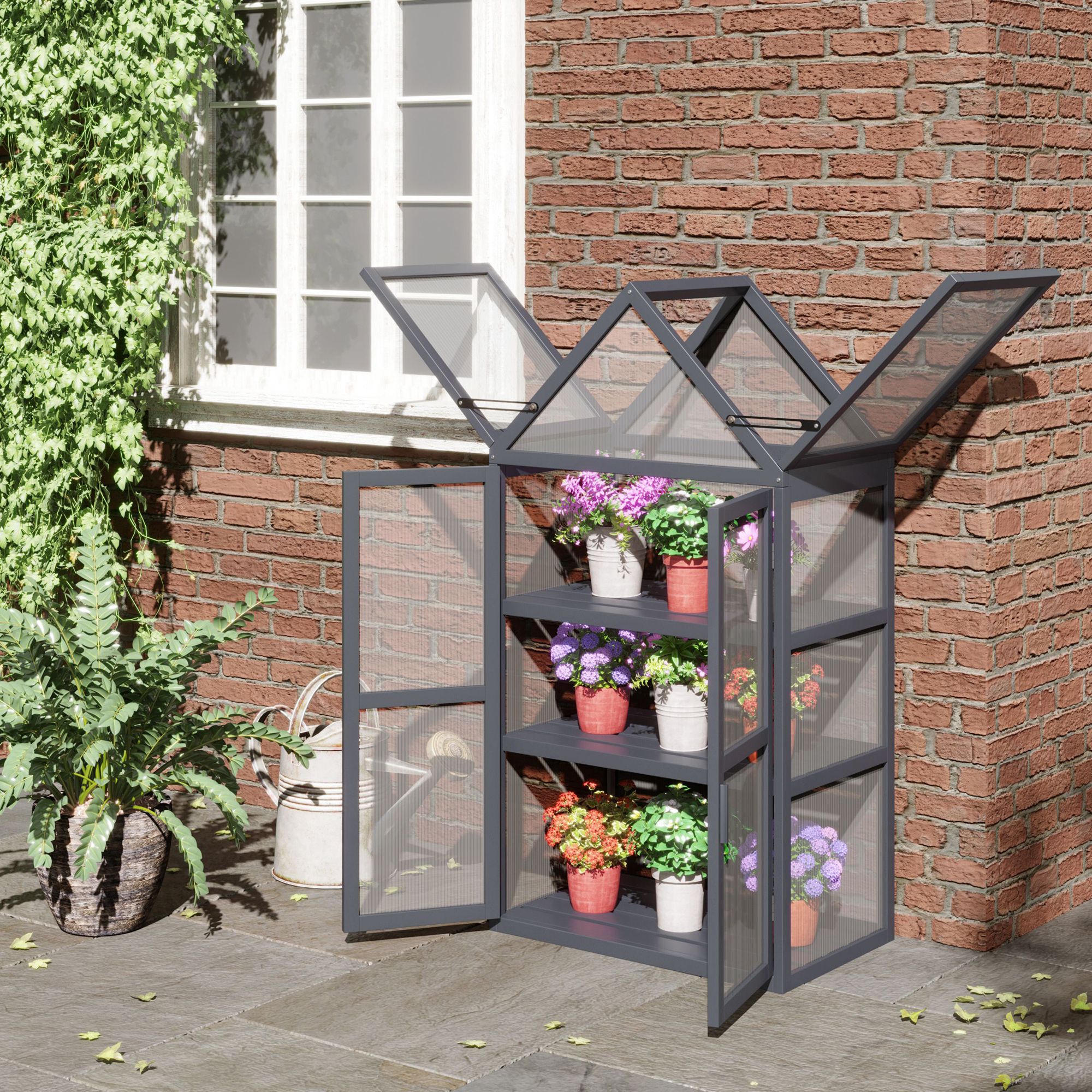 Outsunny Cold Frame Mini Greenhouse 3 Tiers Greenhouse Plant Bed With Hinged Roof Wooden Polycarbonate Weatherproof Natural 70.5 X 42 X 132 Cm