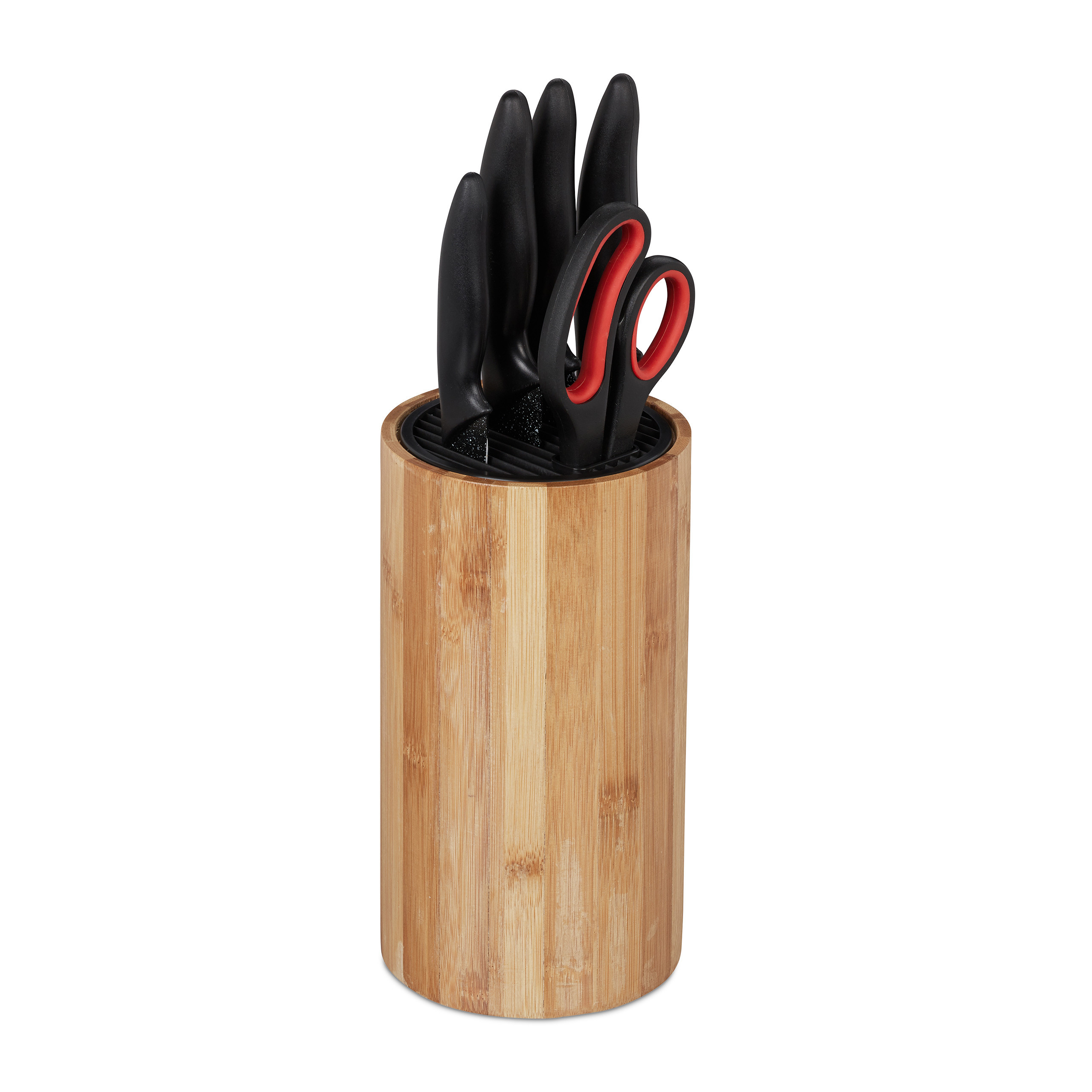 TEMU Empty Knife Block Holder For Up To 10 Knives, Bamboo And Plastic, Round, 23 X 12.5 Cm, Insert 5.5 X 11.5 Cm, With Integrated Scissor Holder, For