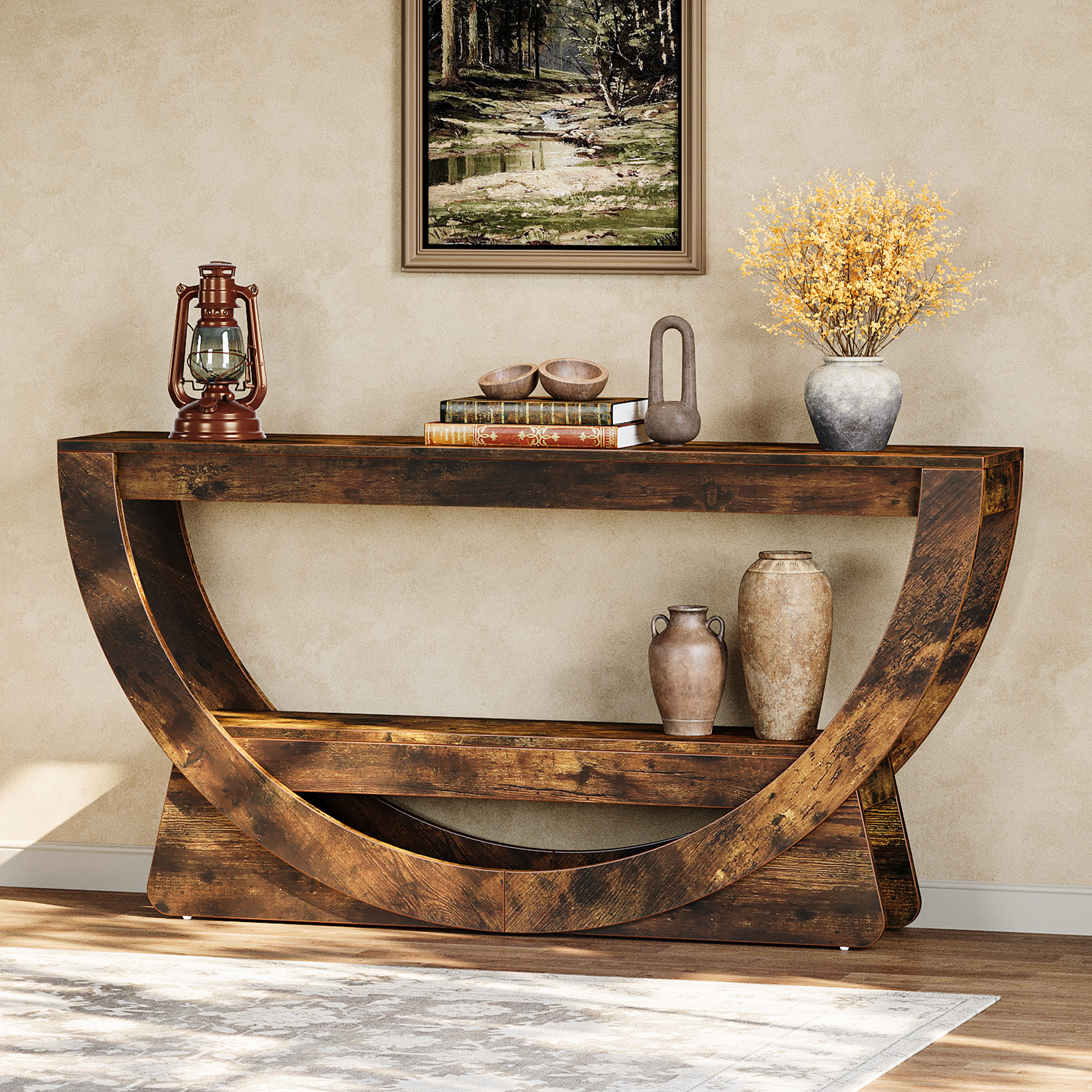 TEMU 160cm 2 Tier Console Table, Narrow Long Sofa Table With Storage Shelves For Behind Couch Hallway Living Room Entryway In Dark Brown.
