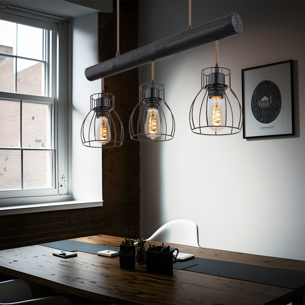 Vintage Wooden Rod Pendant Light, Retro Wooden Lamp With Black Grid Shades, Metal Cage, 3x E27 Sockets, 140x60x13.6cm