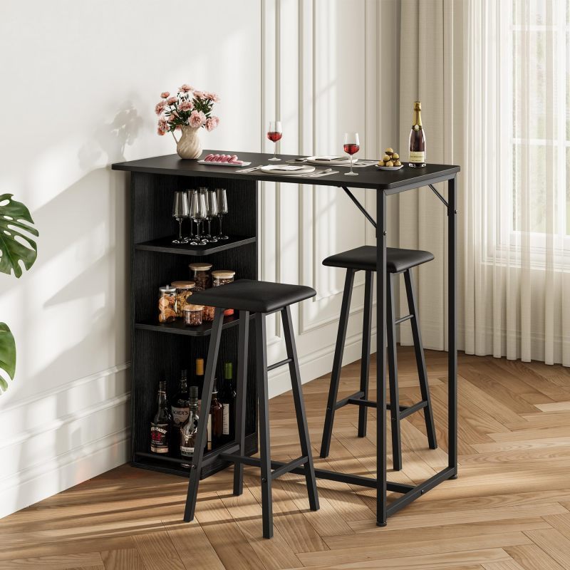Image of Aptliton Space- 3pcs Bar Table And Stools Set – Modern Industrial Dining Furniture With 3 Storage Shelves – Ideal For Kitchen, Apartment, Or Small Spaces – Black + Black Tube (cushion)