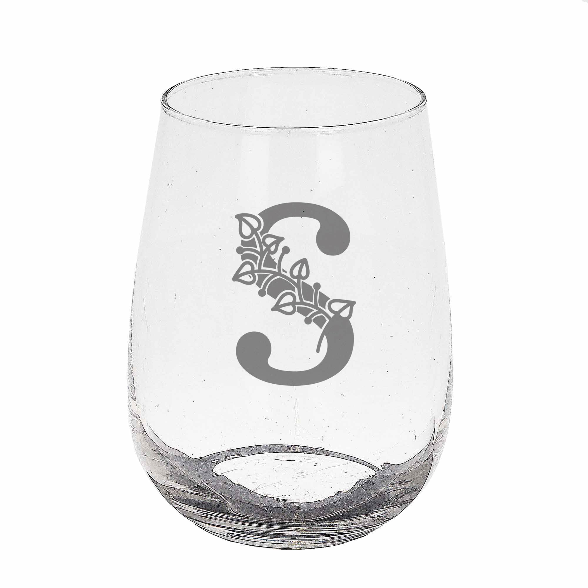S Monogram Initial Etched Stemless Gin Glass, Engraved Gift