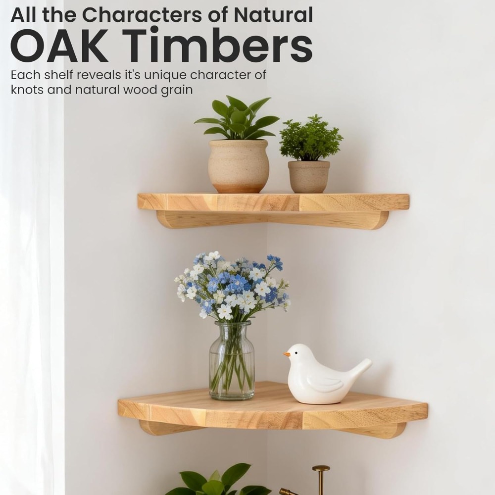 2pcs Solid Oak Corner Wall-Mounted Shelf with a Floating Rounded Corner Design And Cable Management Hole. This 90° Corner Wall-Mounted Shelf Is Suitable for Placing Speakers, Small Plants, Picture Frames, Etc., And Is Suitable for Bedrooms.