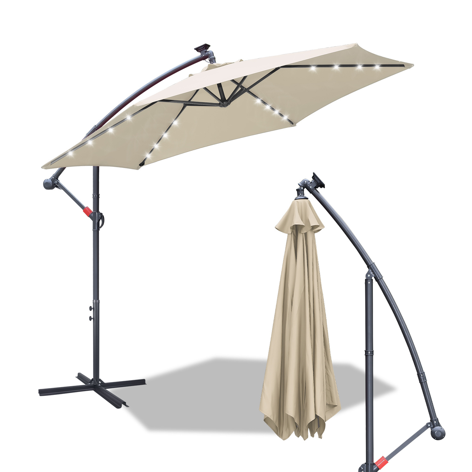 Parasol, parasol cantilever, avec support et lumière, protection solaire, protection UV jusqu'à UV30+, ouverture et fermeture faciles, pour jardin, terrasse, 300 cm