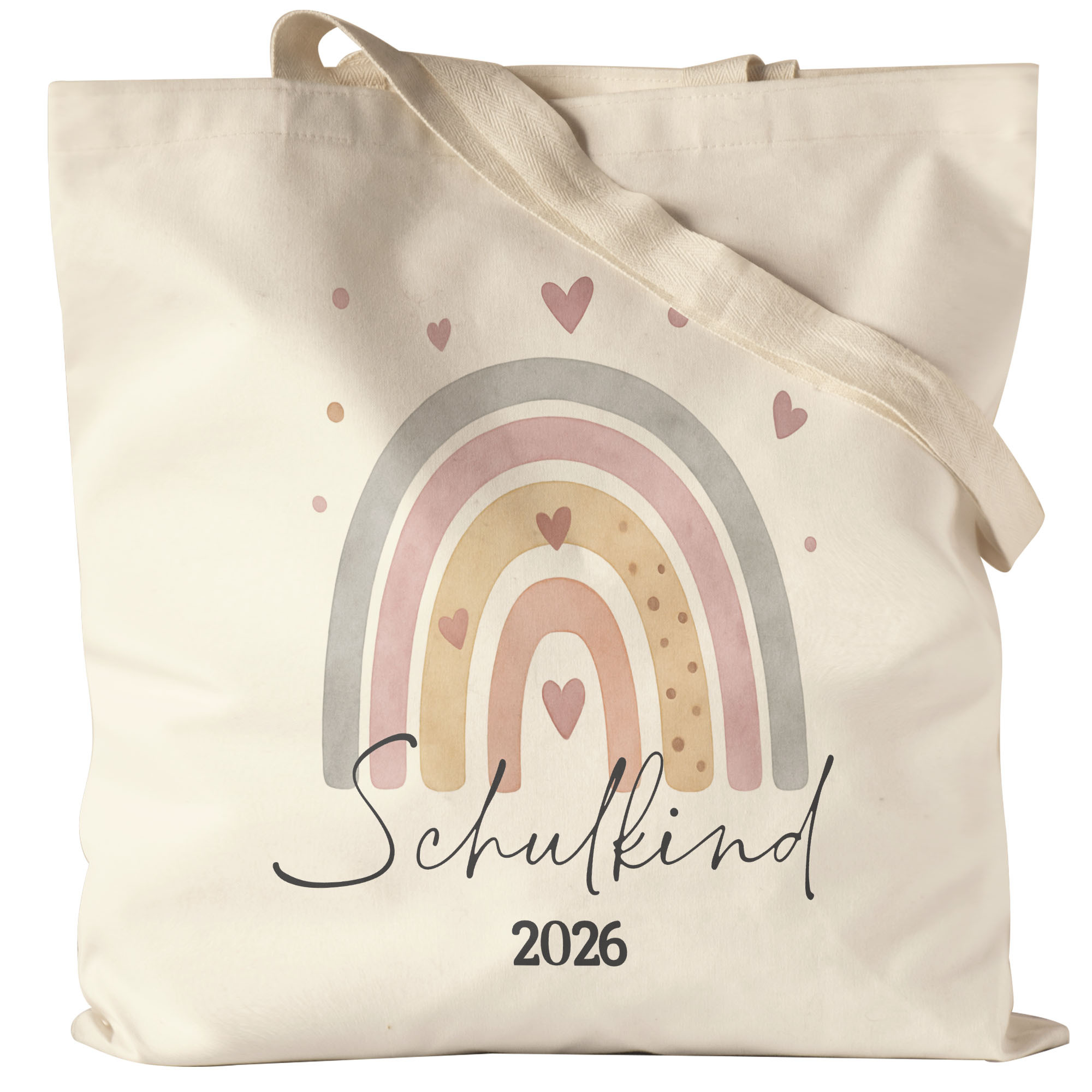 Image of School Child 2026 Boho Rainbow Design Tote Bag Gift For First Day Of School, Heart, Pastel, Vintage, First Grader - Jute Bag, Tote Bag