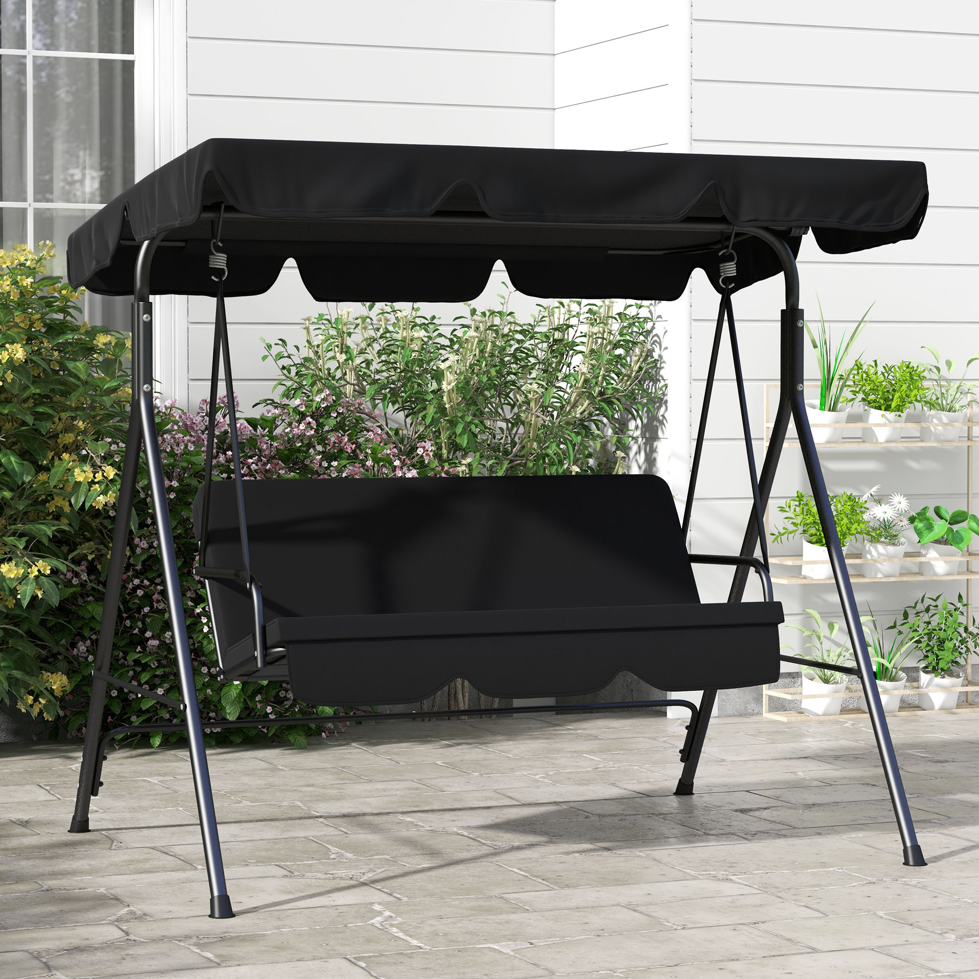 Balancier de jardin Outsunny 3 sièges, siège et dossier réglables, coussins 1,72L x 1,1L x 1,53H m noir acier noir polyester