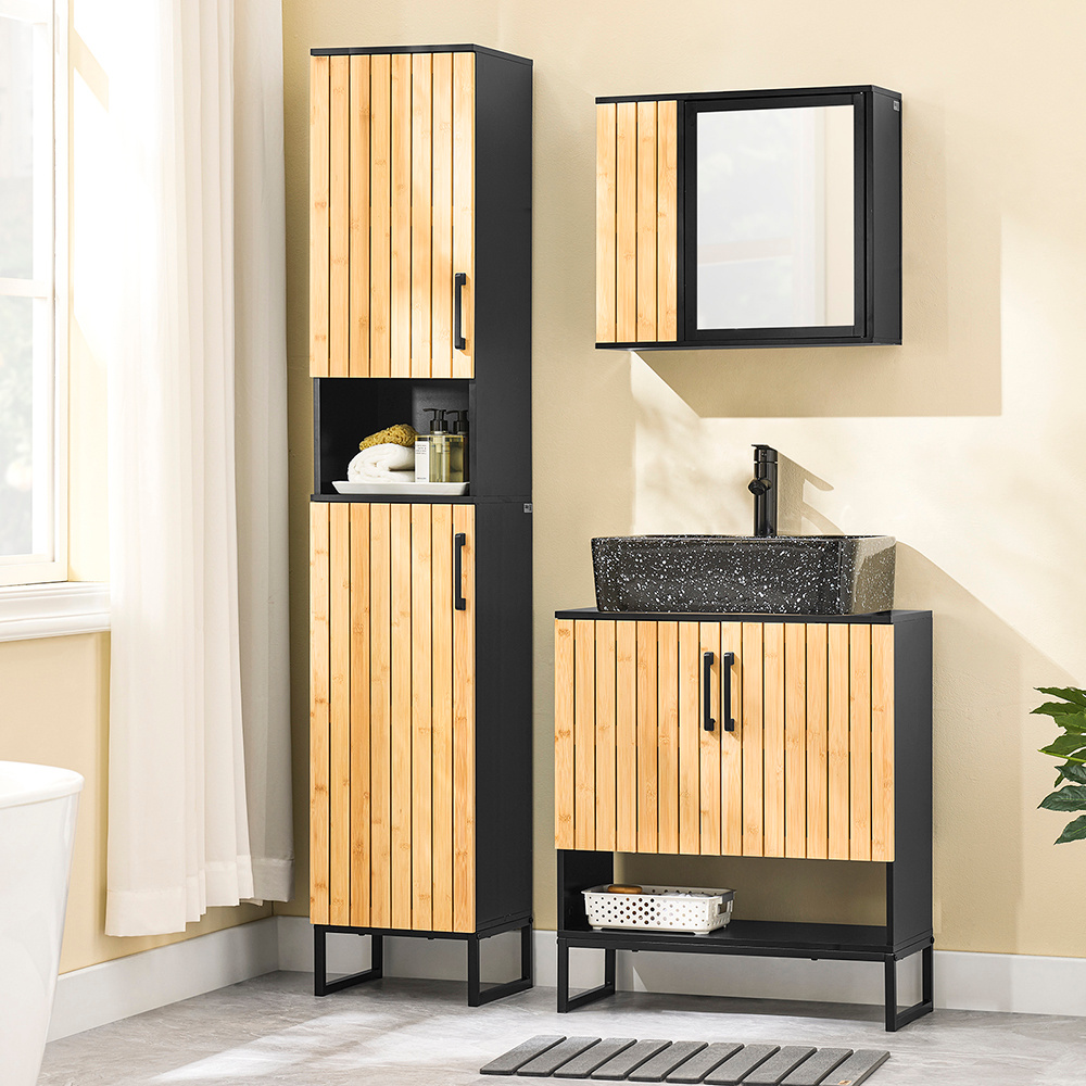 Image of Sobuy 60 Cm Wide Under-sink Cabinet, Bathroom Cabinet With Bamboo Door & Metal Feet, Height-adjustable Shelves, Storage Space, Under-sink Cabinet For Small Bathrooms, Guest Toilet Bzr202-sch