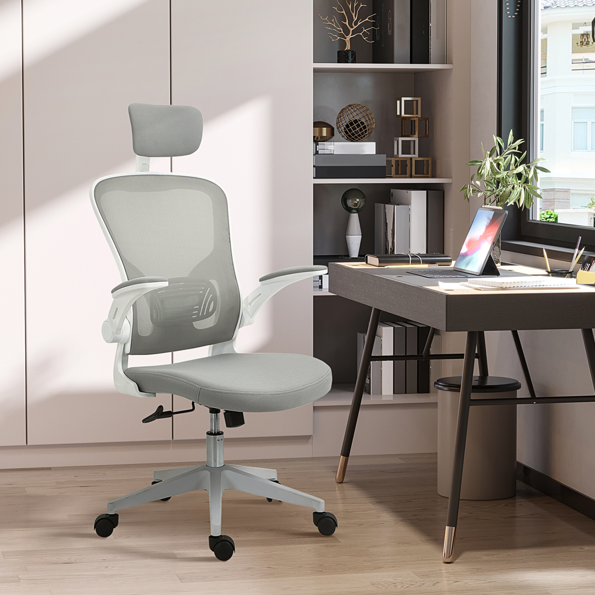 Office Chair With Tilt Function Ergonomic Desk Chair High Backrest Lumbar Support Headrest Foldable Arm Home-office Grey 65 X 114-122 Cm