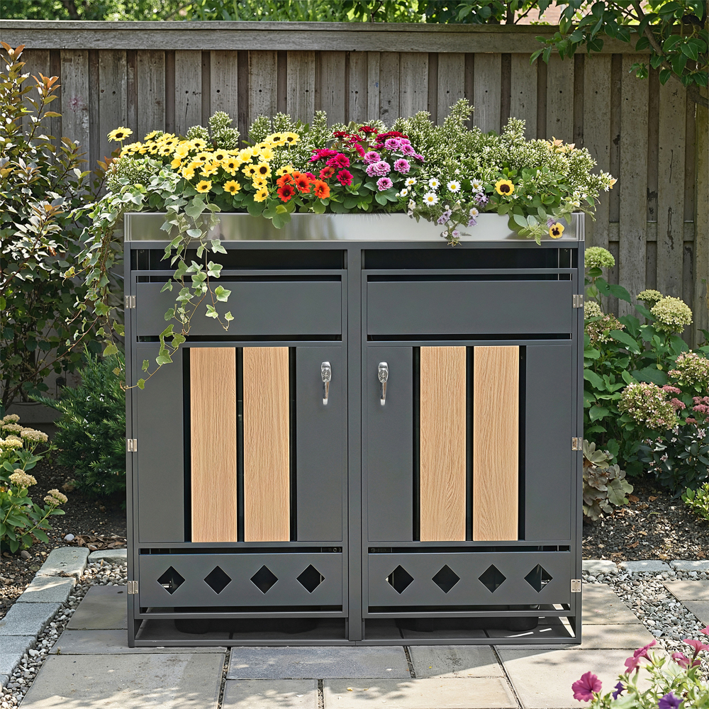 Trash Can Box With Planter | 2 Compartments | Galvanized Steel | & Weather-resistant