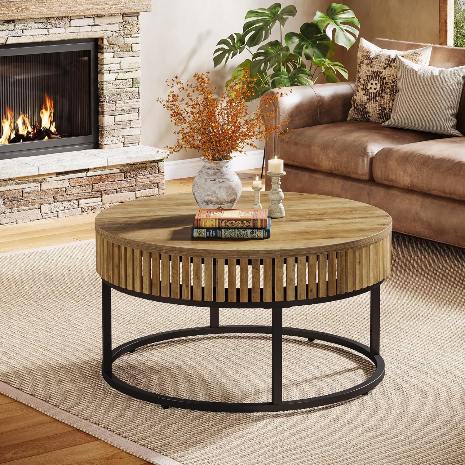 Image of Farmhouse Round Coffee Table, 80 Cm Circle Cocktail Center Table, Modern Coffee Table, Wood, Industrial Sofa Side Table For The Living Room, Light Brown