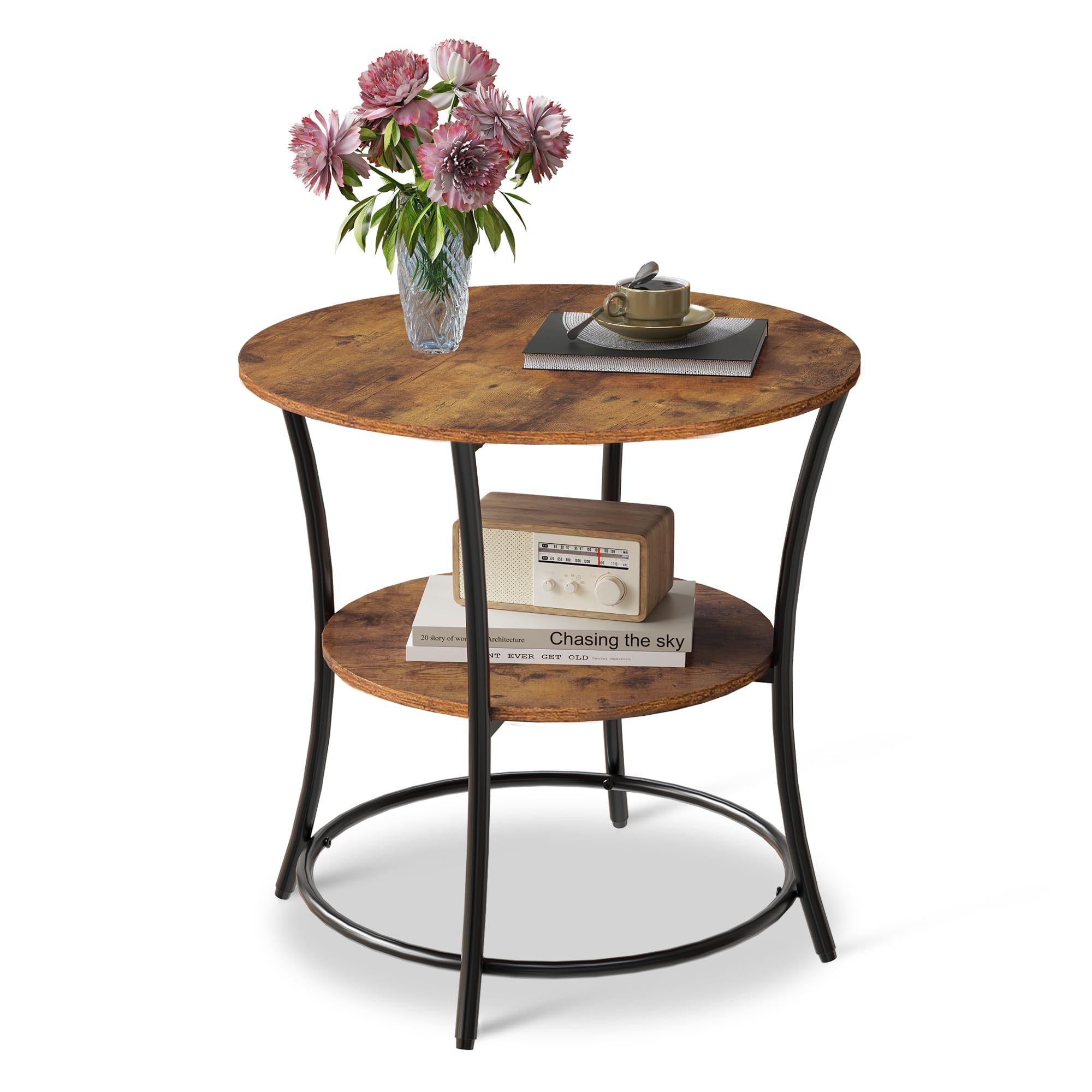 Round Side Table, 2-tier Coffee Table Small With Storage Compartment, Metal Frame, Round Bedside Table For Living Room, Bedroom, Small Spaces, Rustic Brown