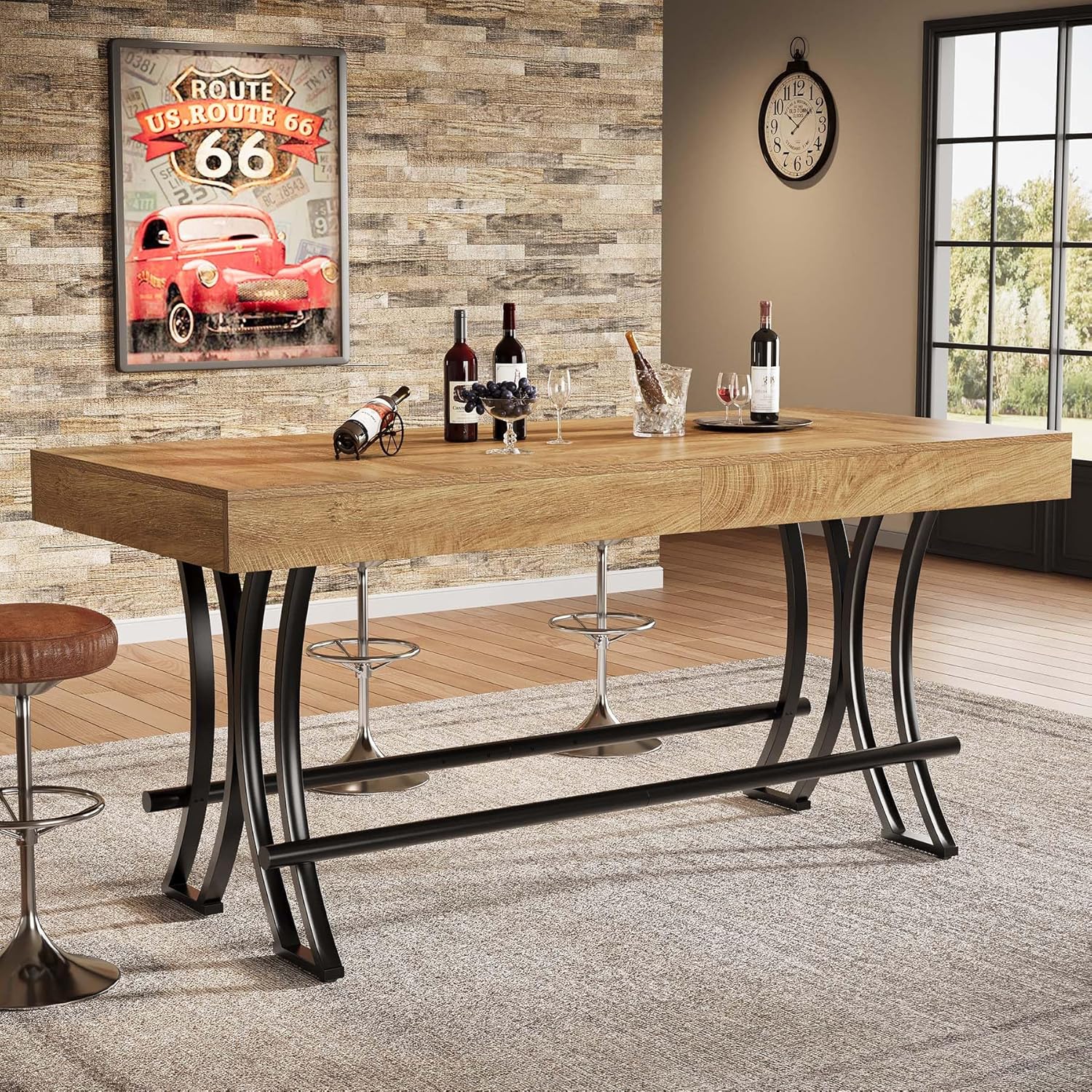 Vintage 160cm Tall Bar Pub Table With Metal Footrest, Freestanding Rectangular Counter Height Kitchen Dining Table, Industrial Home Bar Unit For Entertaining, Rustic Brown