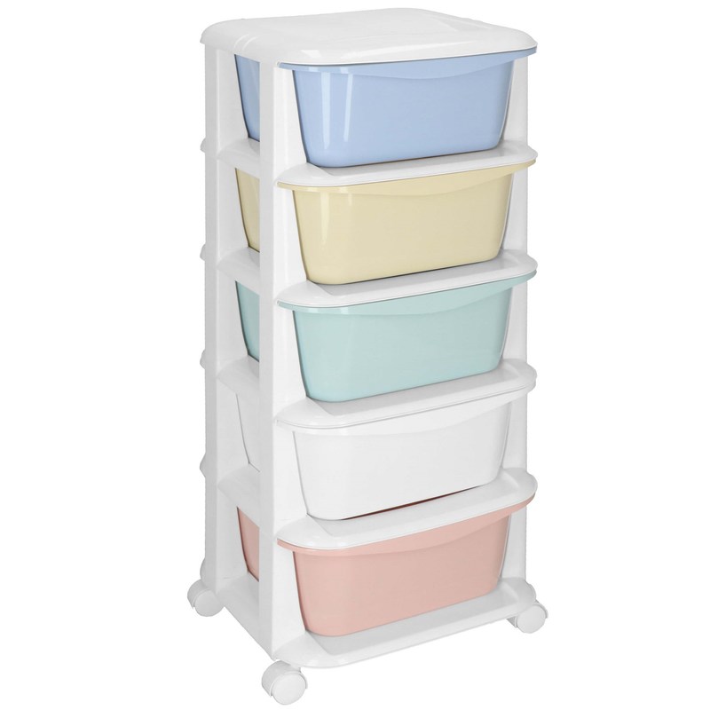 Image of Pastel-colored Mobile Bathroom Cabinet With 5 Drawers On Wheels